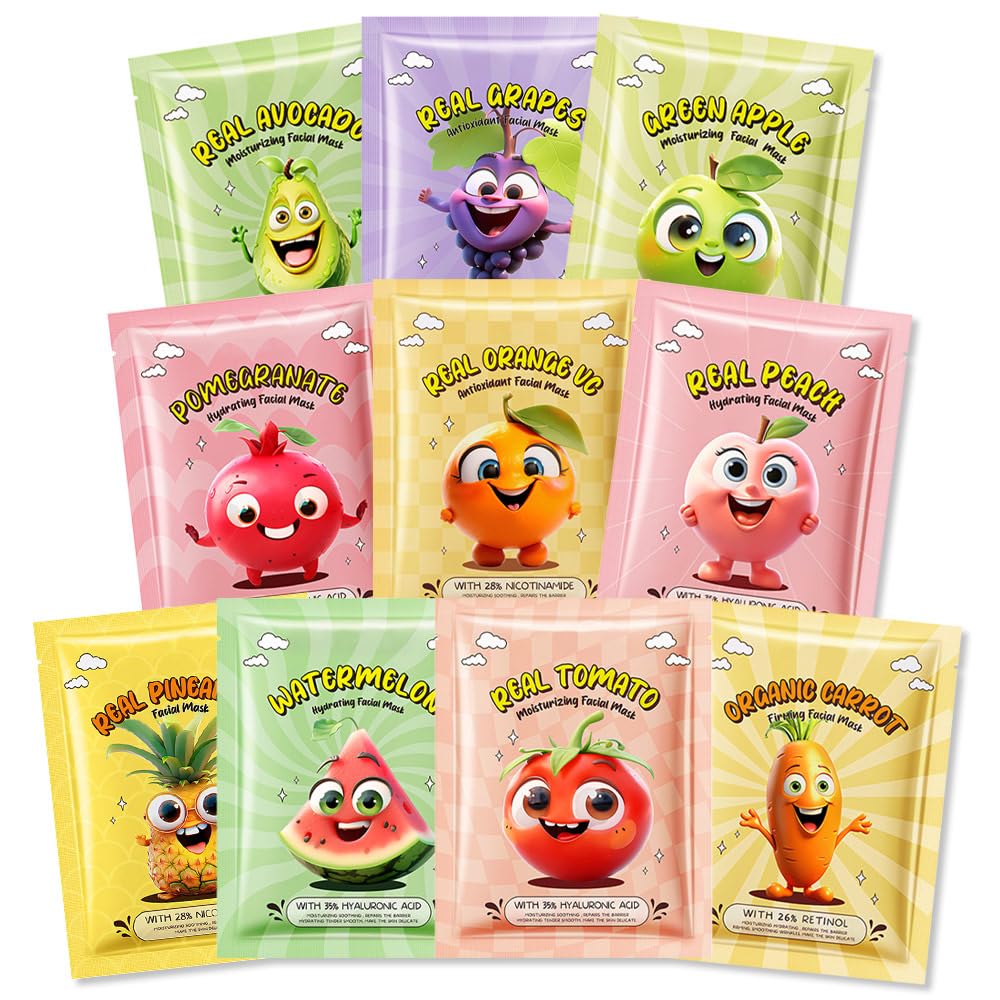 10 Pack Fruit Face Masks for Kids, Kids Face Mask Spa Day Kit - Kaely