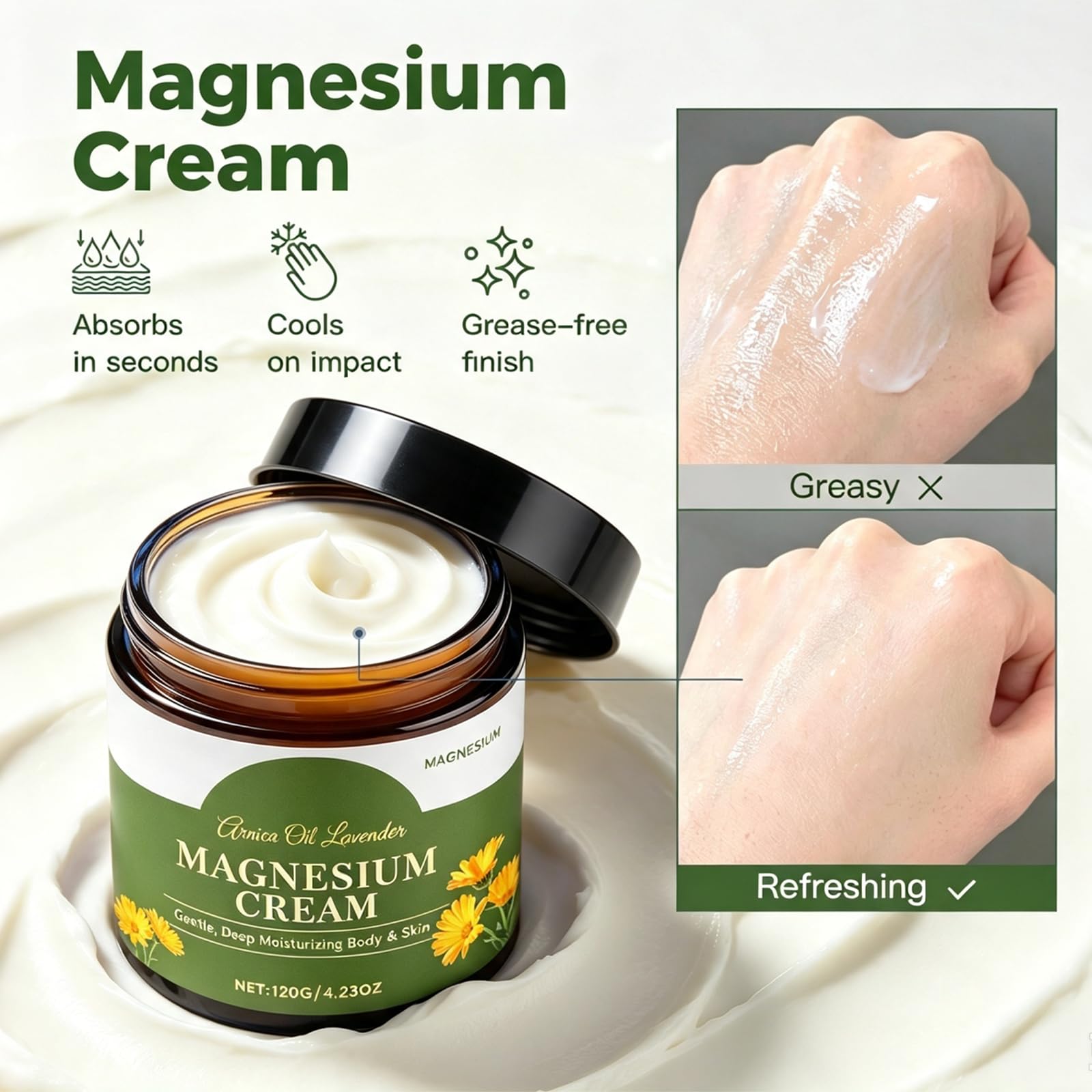 CleJoy Magnesium Cream with MSM and arnica, a 4.23oz skin moisturizer, shown in a jar with cream inside and natural ingredients.