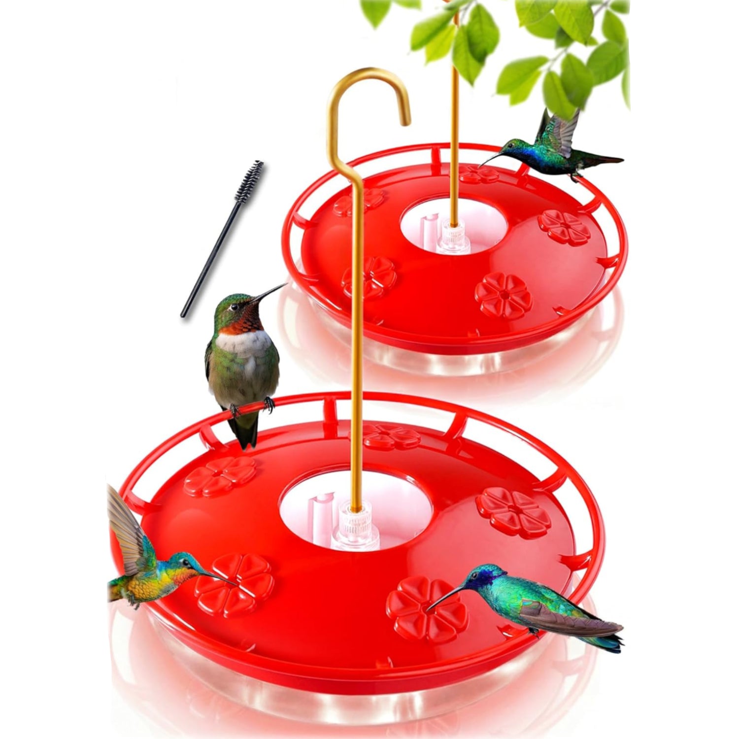 eWonLife 2-pack outdoor hummingbird feeders with 16oz capacity, leak-proof saucer, 5 feeding ports, ant moat, and easy cleaning