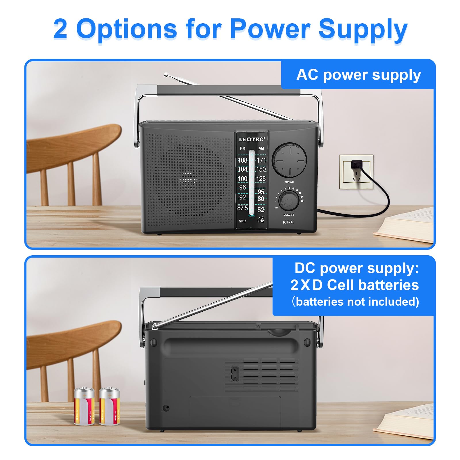 LEOTEC Portable AM FM Radio – AC or Battery