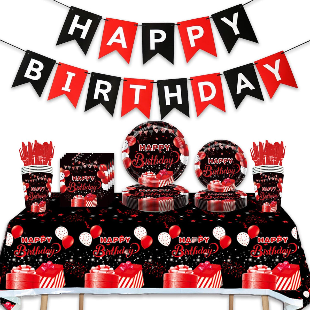 142Pcs Red and Black Birthday Party Tableware Set Inculde - Esyzpesai Official Imagery - 1