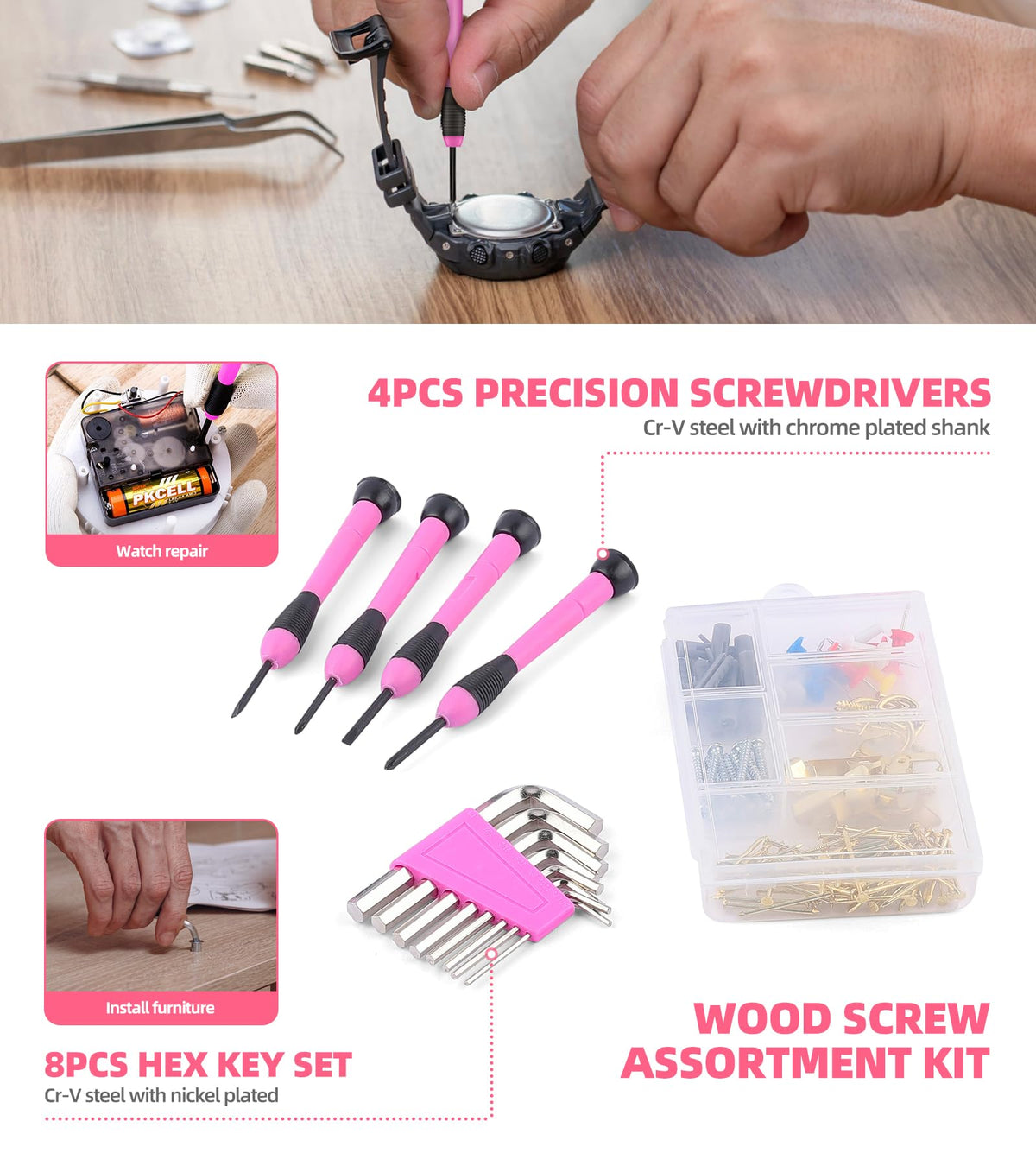 DOWELL Pink Tool Set with 3 6V Cordless Screwdriver Tool Kit - DOWELL Official Imagery - 5