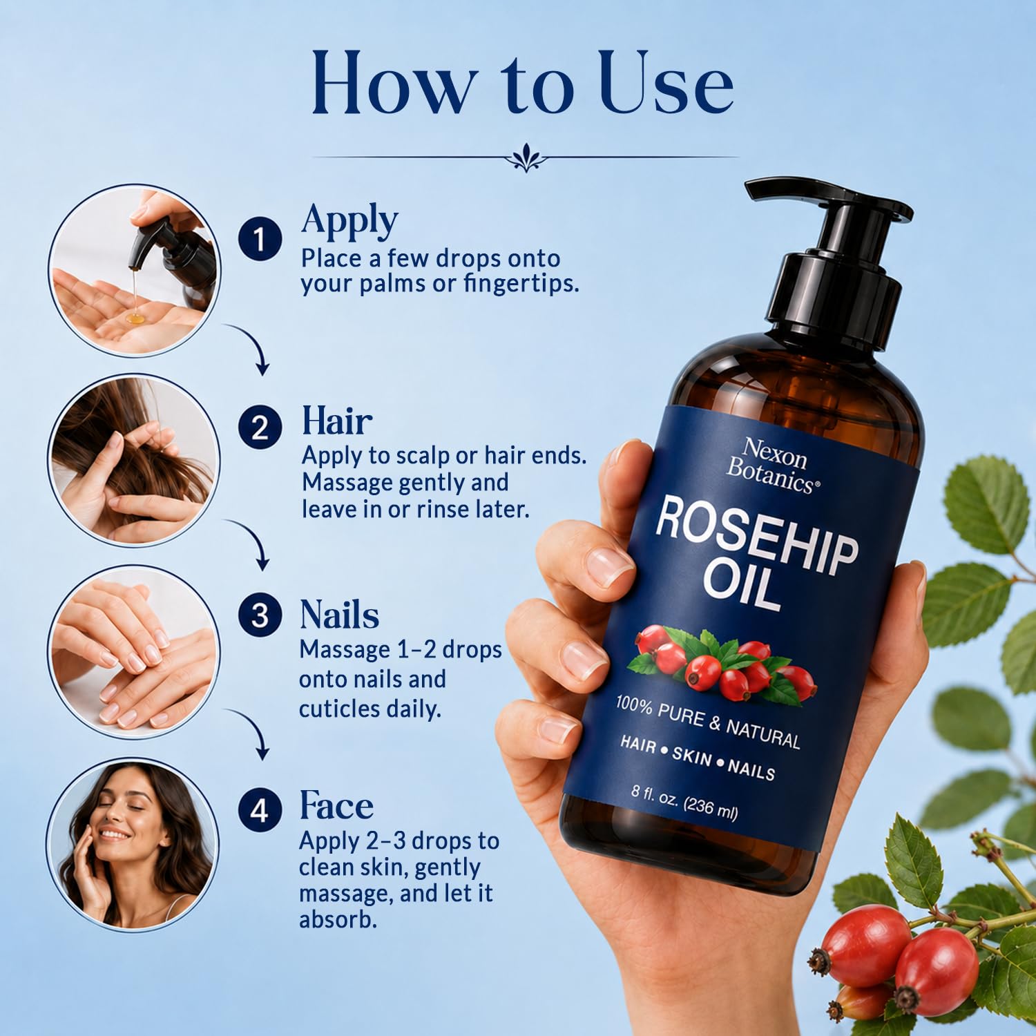 Nexon Botanics Rosehip Oil for Face 8 fl oz - Hydrating Facial Oil for Gua Sha - Nexon Botanics Official Product View 7
