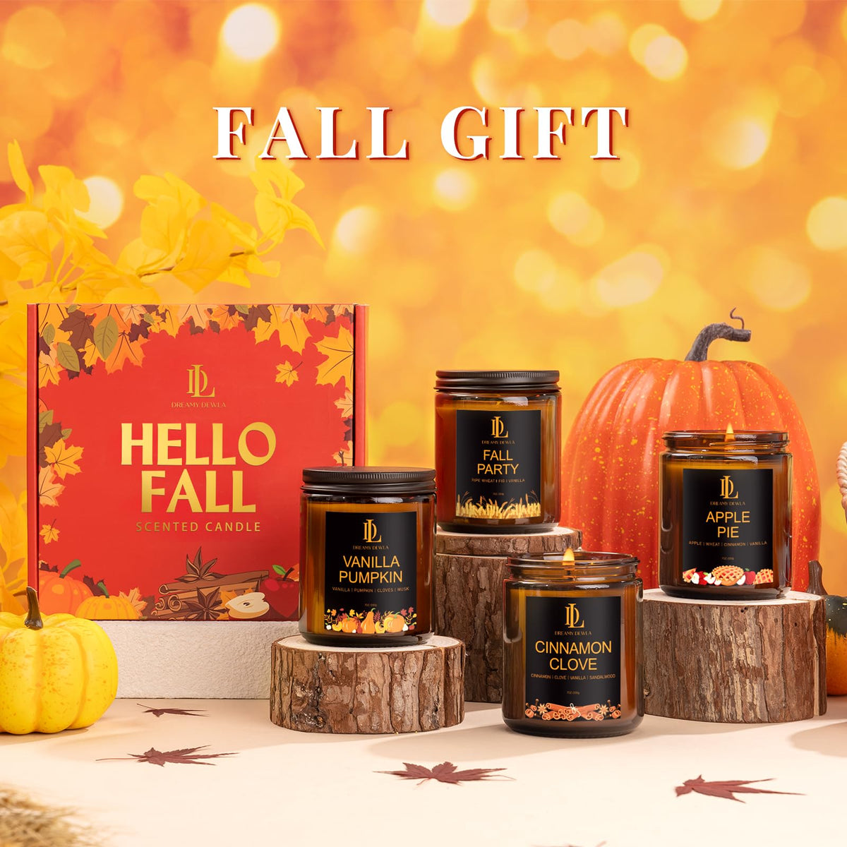 Fall Candles Set for Home Scented 4 Pack 28oz Soy Wax - DL DREAMY DEWLA Official Imagery - 5