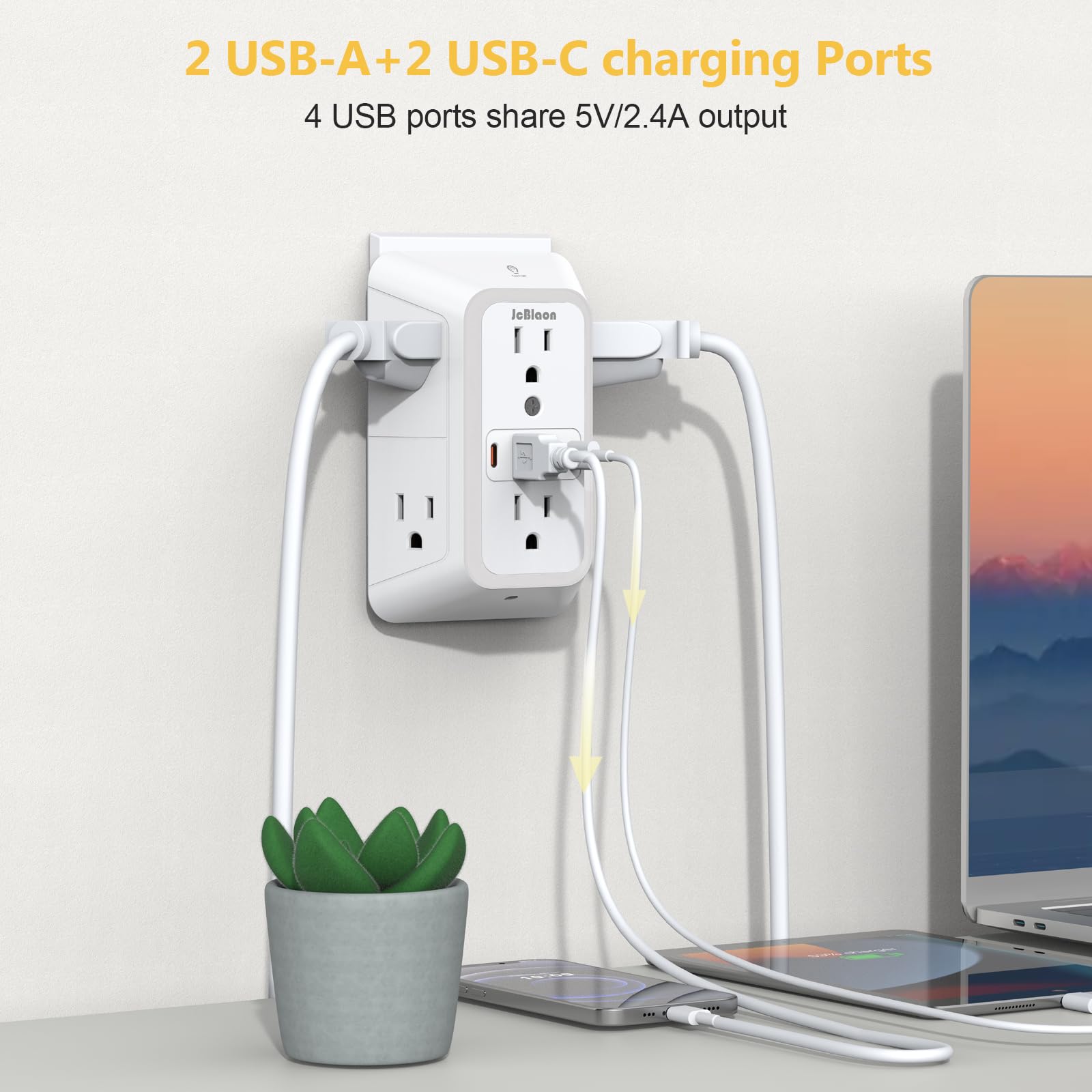 JcBlaon Wall Outlet Extender with Night Light, Power Plug Adapter by JcBlaon - Angle View 6