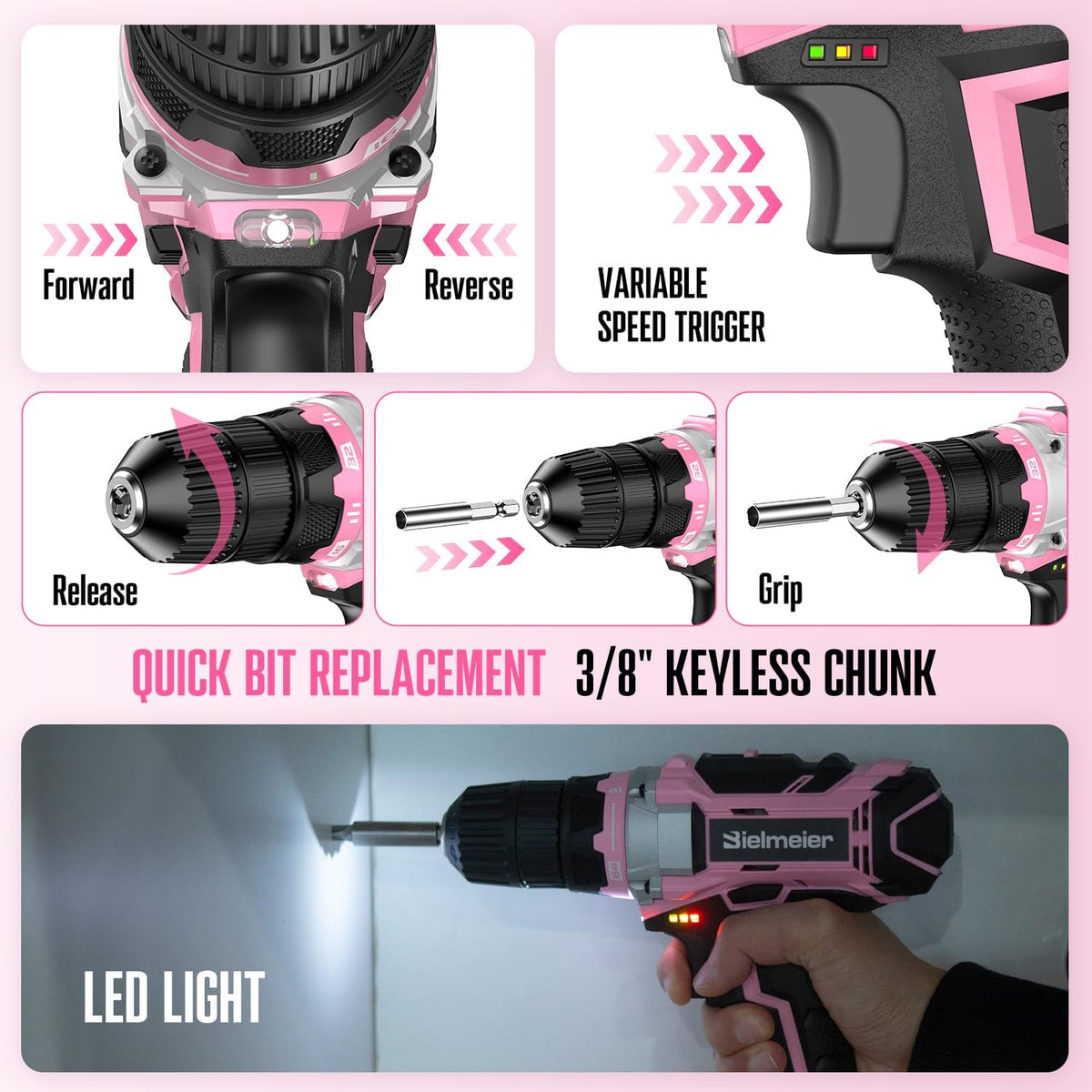 Bielmeier 20V 236Pcs Cordless Pink Drill Set for Women Home - BIELMEIER Official Imagery - 7