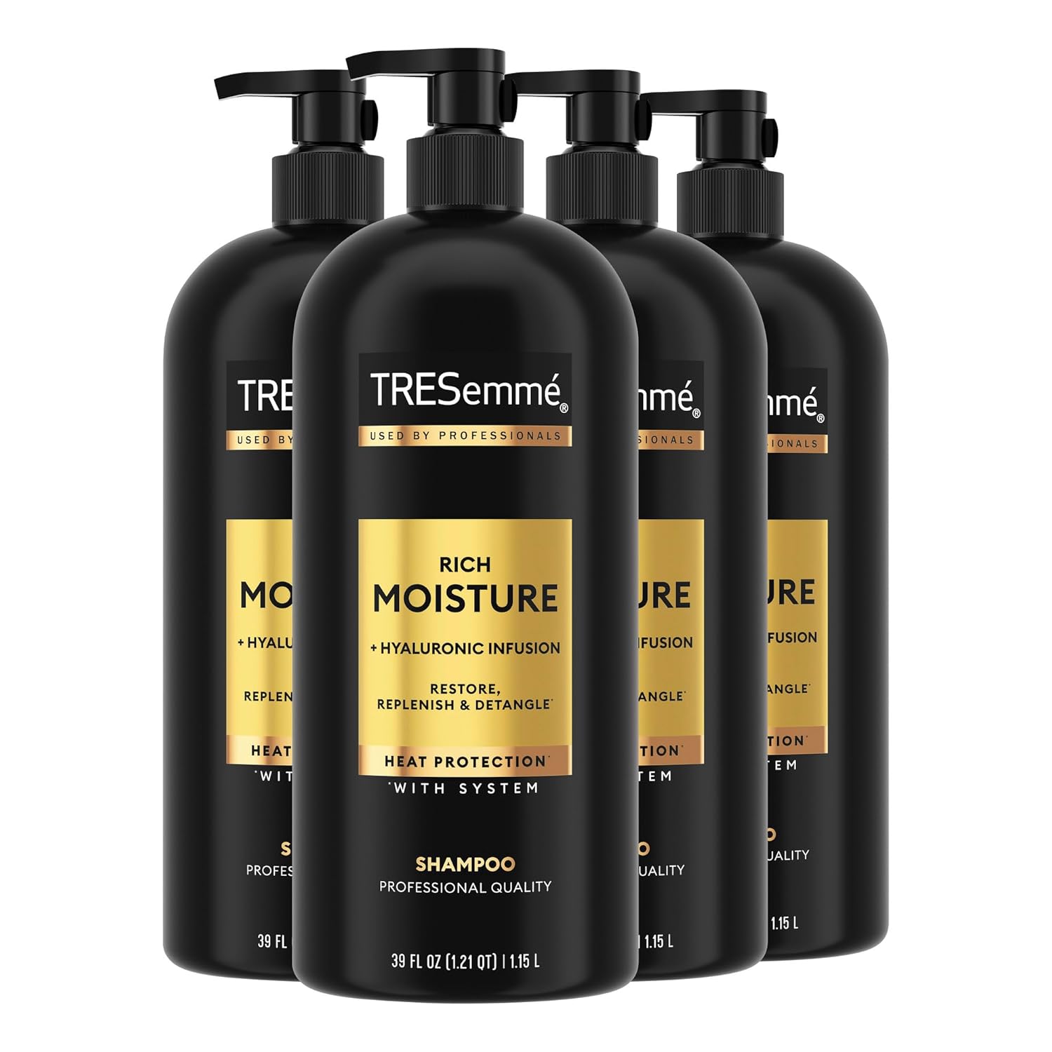 Elefair TRESemmé Rich Moisture Hydrating Shampoo bottles with pumps, designed for dry hair, displayed together in a set of four.