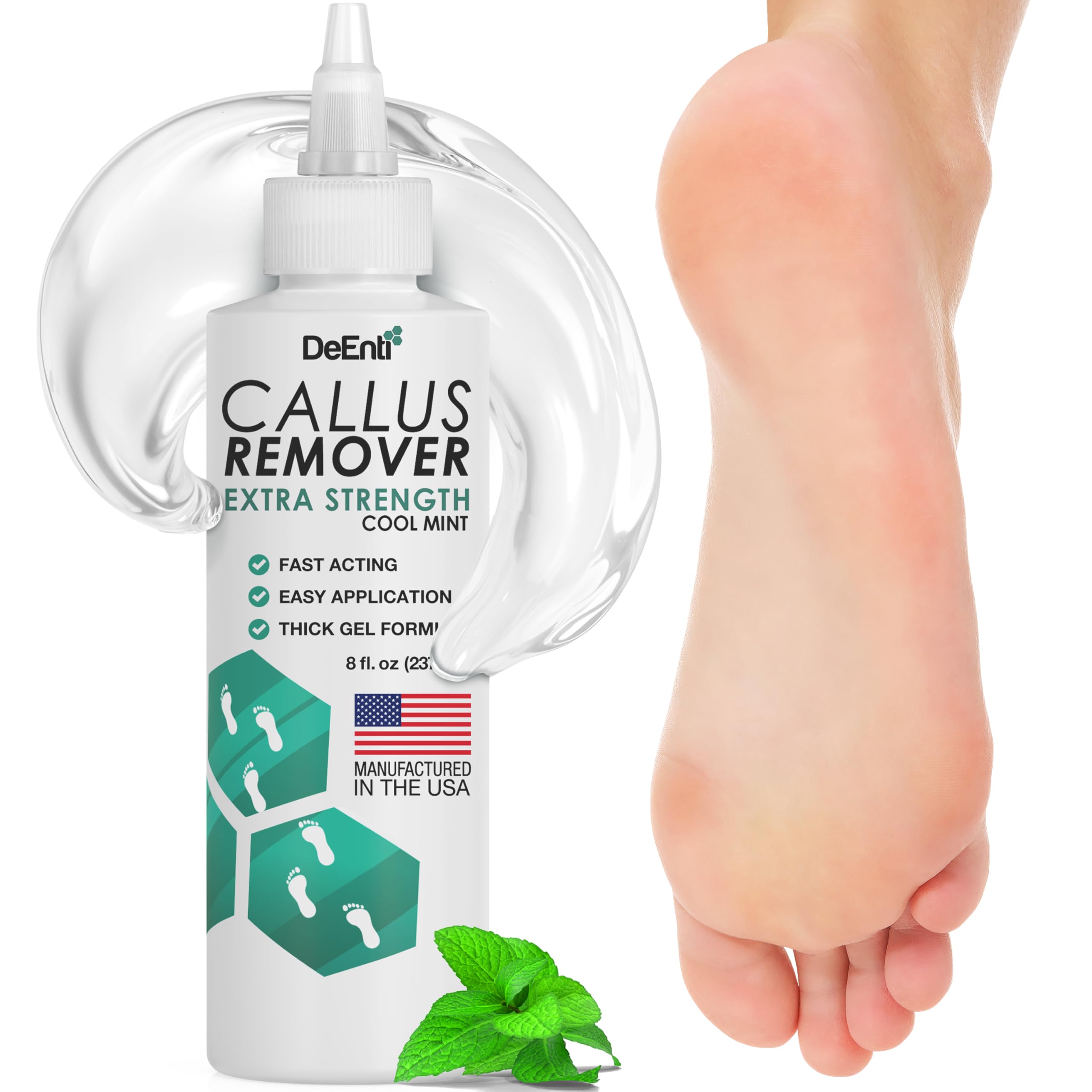 DeEnti Foot Callus Remover Gel in cool mint scent, 8oz, with smooth gel texture and refreshing mint aroma.