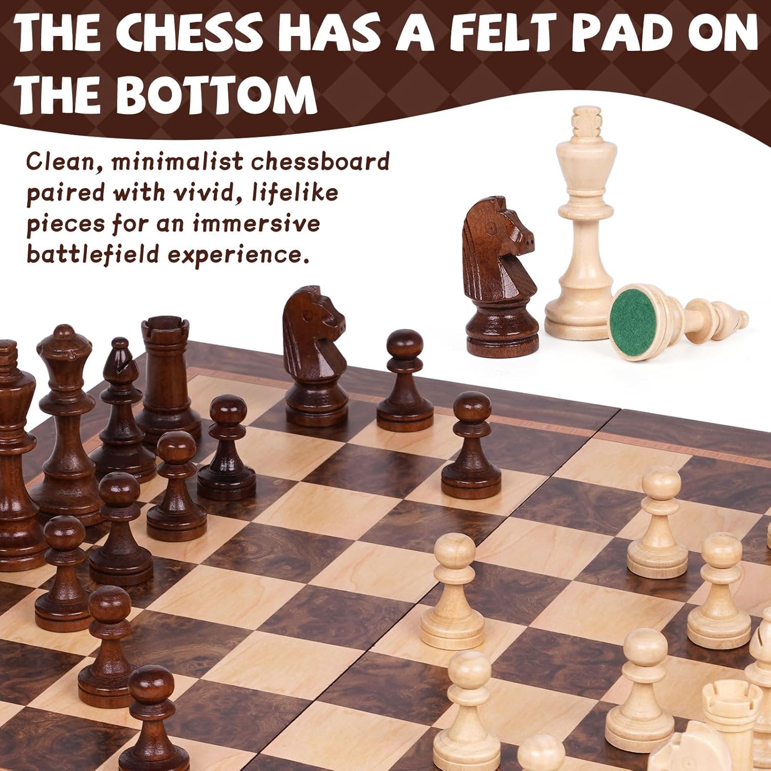 XAOHAO magnetic wooden chess set with 15-inch folding design and storage compartments for travel and game play.