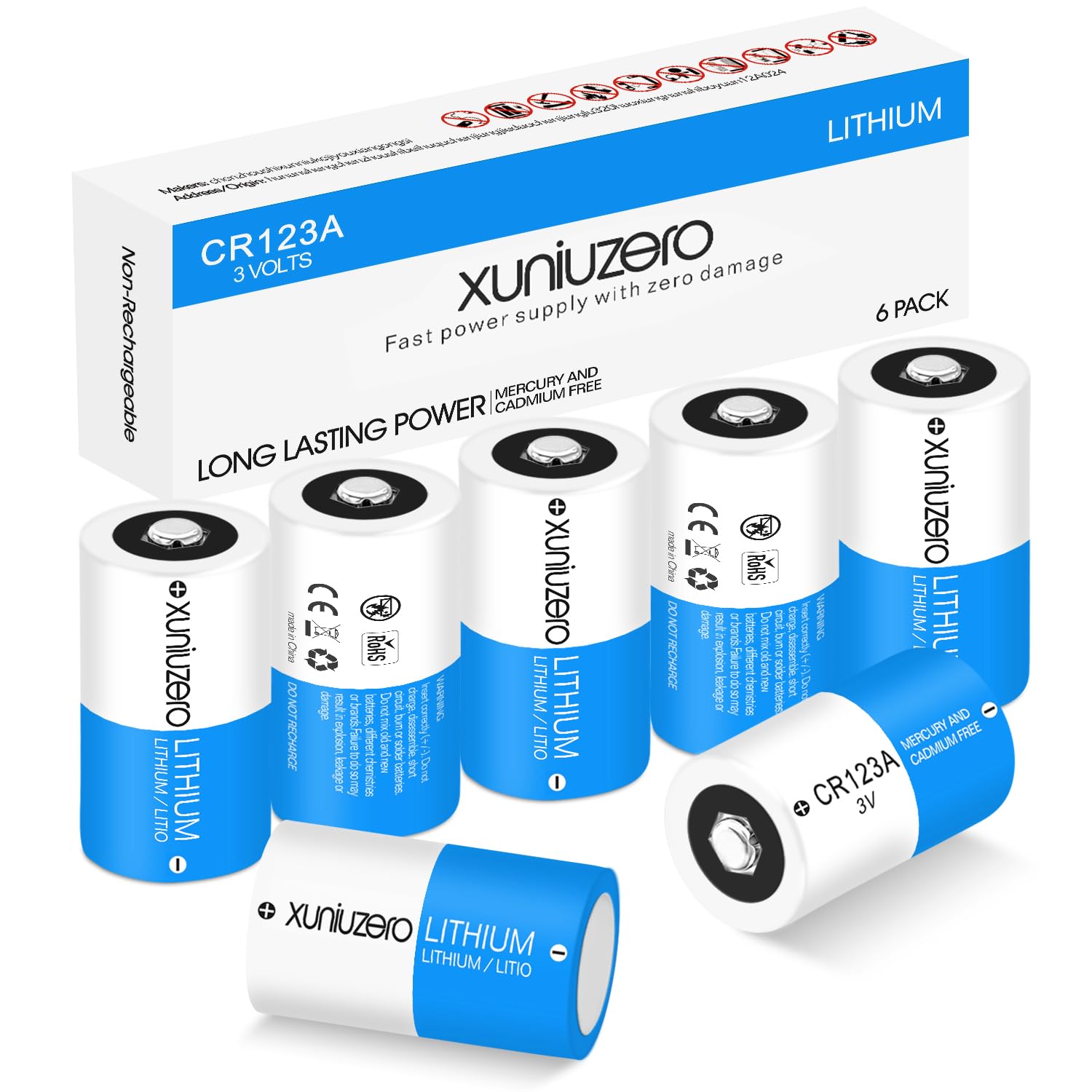 XUNIUZERO CR123A 3V lithium batteries 6-pack, compact batteries with 10-year shelf life, suitable for cameras and flashlights.