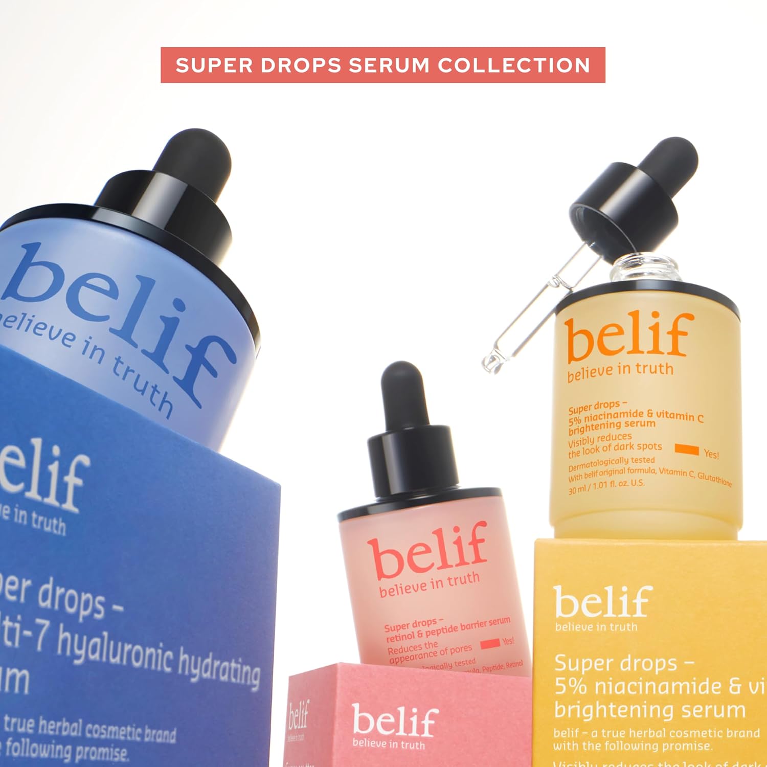 belif Retinol & Peptide Super Drops serum bottle, anti-aging skin booster with pore-refining formula, 1.01 fl oz.