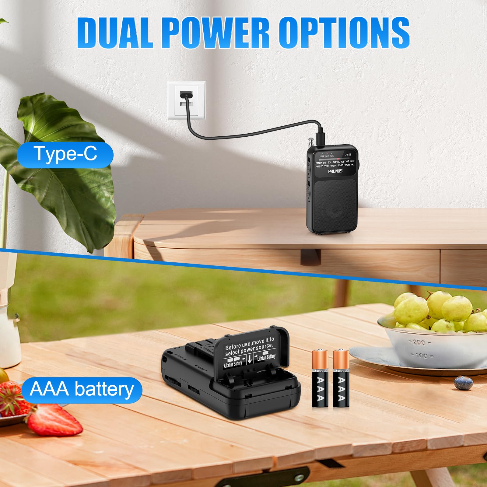 PRUNUS J-555 Pocket AM/FM Radio, USB-C & Battery, Clip