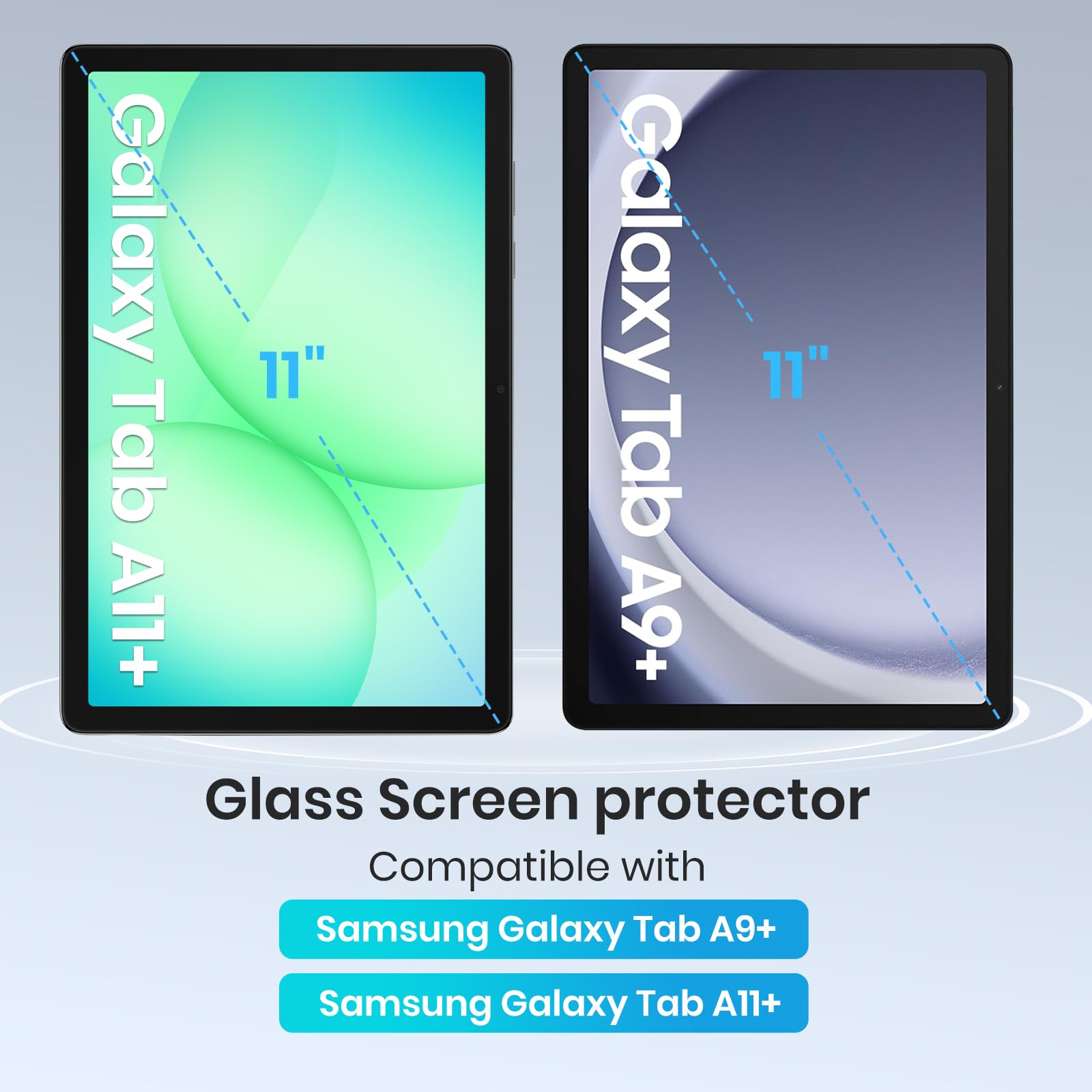 CoBak 2-pack tempered glass screen protector for Samsung Galaxy Tab A11 Plus and A9 Plus, with installation frame and 9H hardness.