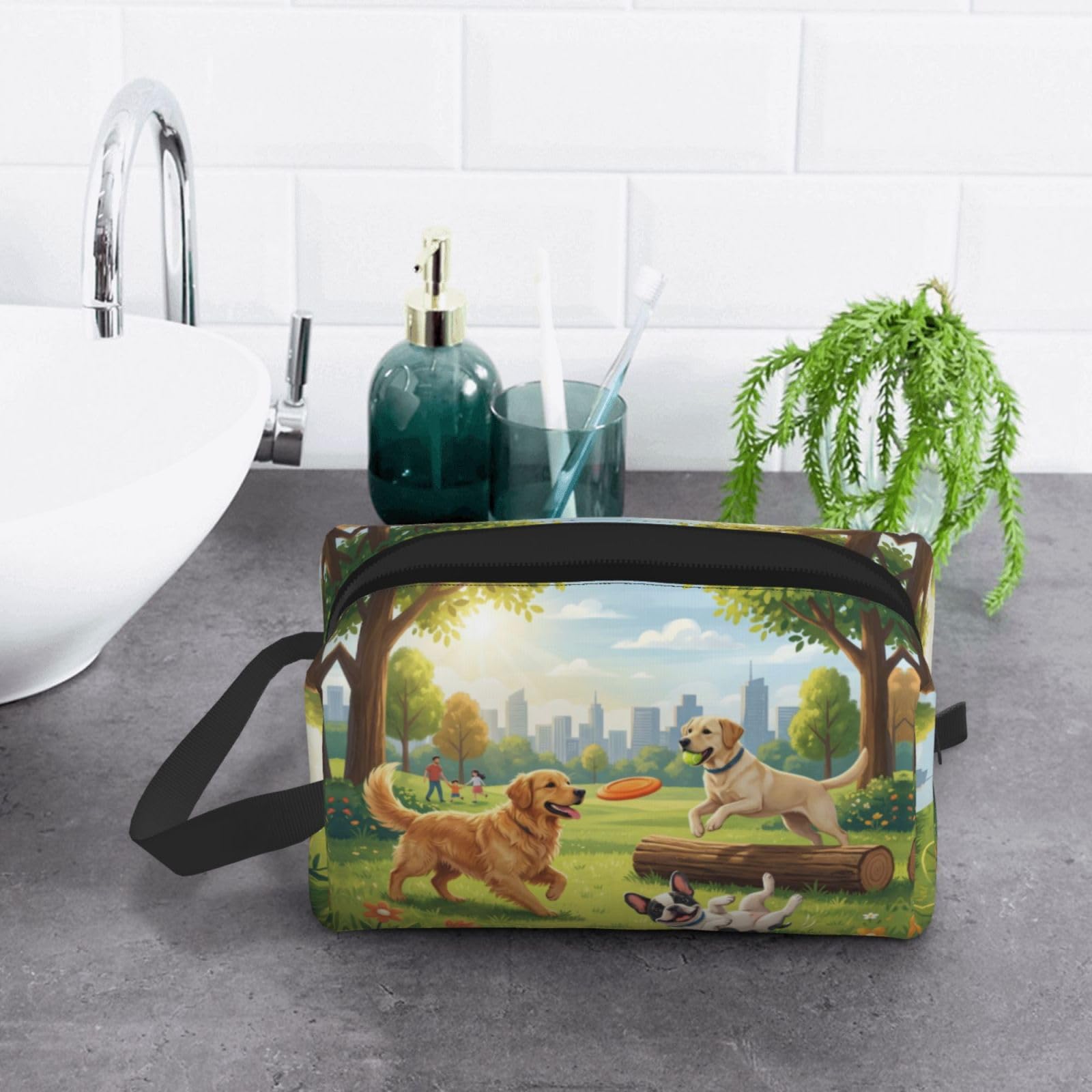 SXZVVBN Three Playing Dogs Large Capacity Travel Toiletry Bag Durable Oxford Cloth Makeup Organizer Cosmetic Pouch