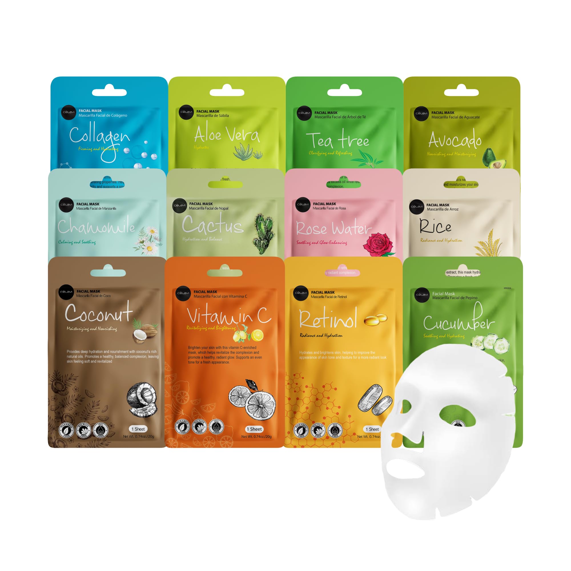 Celavi Korean Face Mask Sheet Set, Facial Spa Masks for Women, - Celavi Cosmetics