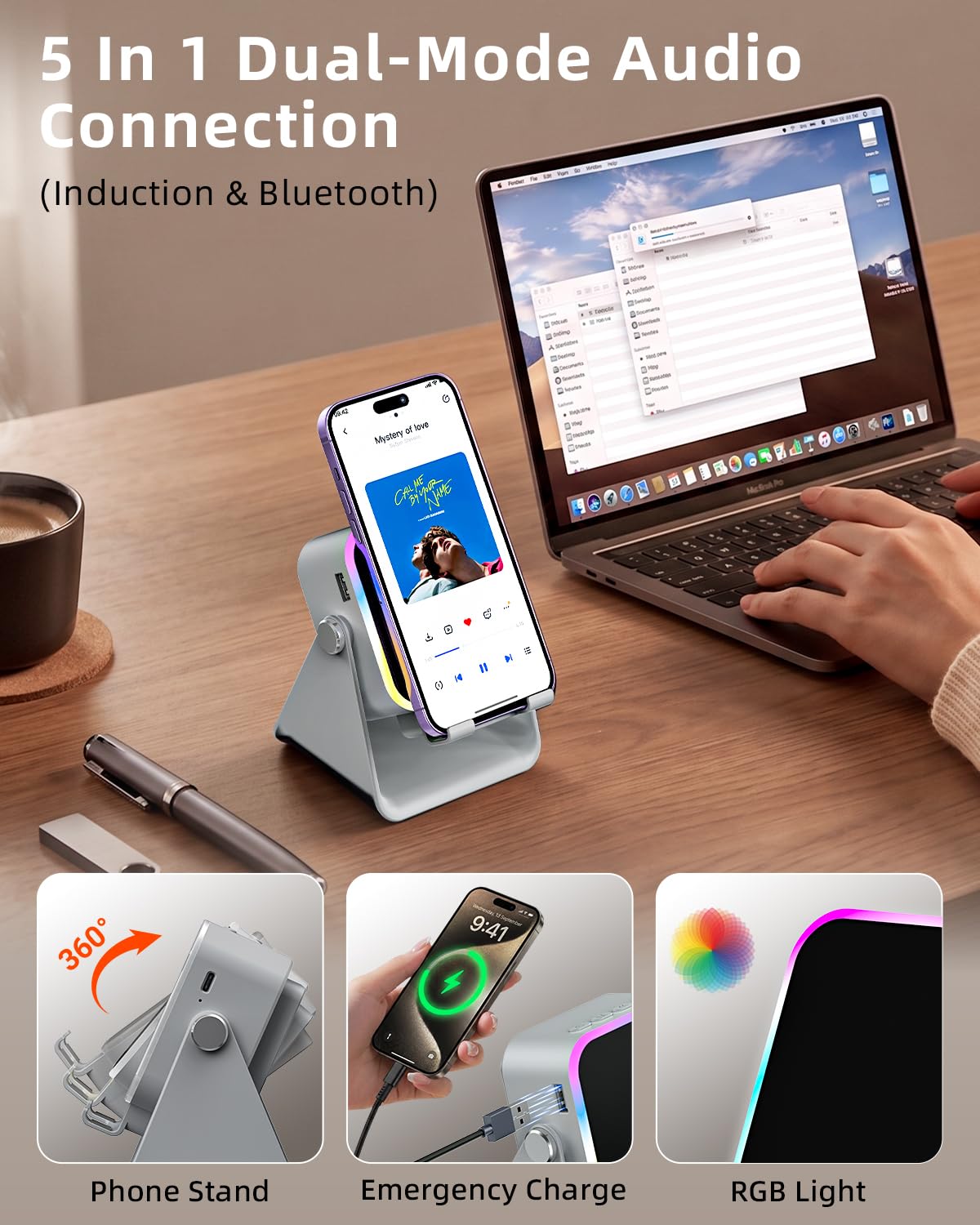 Oresoc Induction Speaker 5-in-1 Bluetooth Audio for iPhone Android with Phone St - Oresoc Official Product View 4