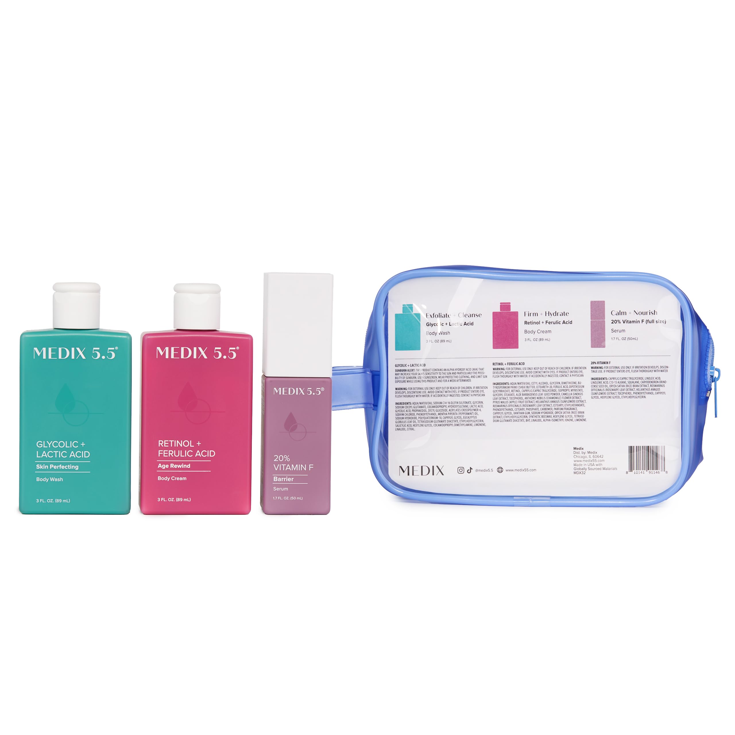 MEDIX 5.5 Best Sellers Travel Kit Skin Care Set - Retinol Body Lotion + Glycolic Acid Exfoliating Body Wash + 20% Vitamin F Body Oil 3PC Skincare Set | Crepey Skin Care Treatment, 3 Piece Travel Kit - Medix 5.5 Official Product View 10