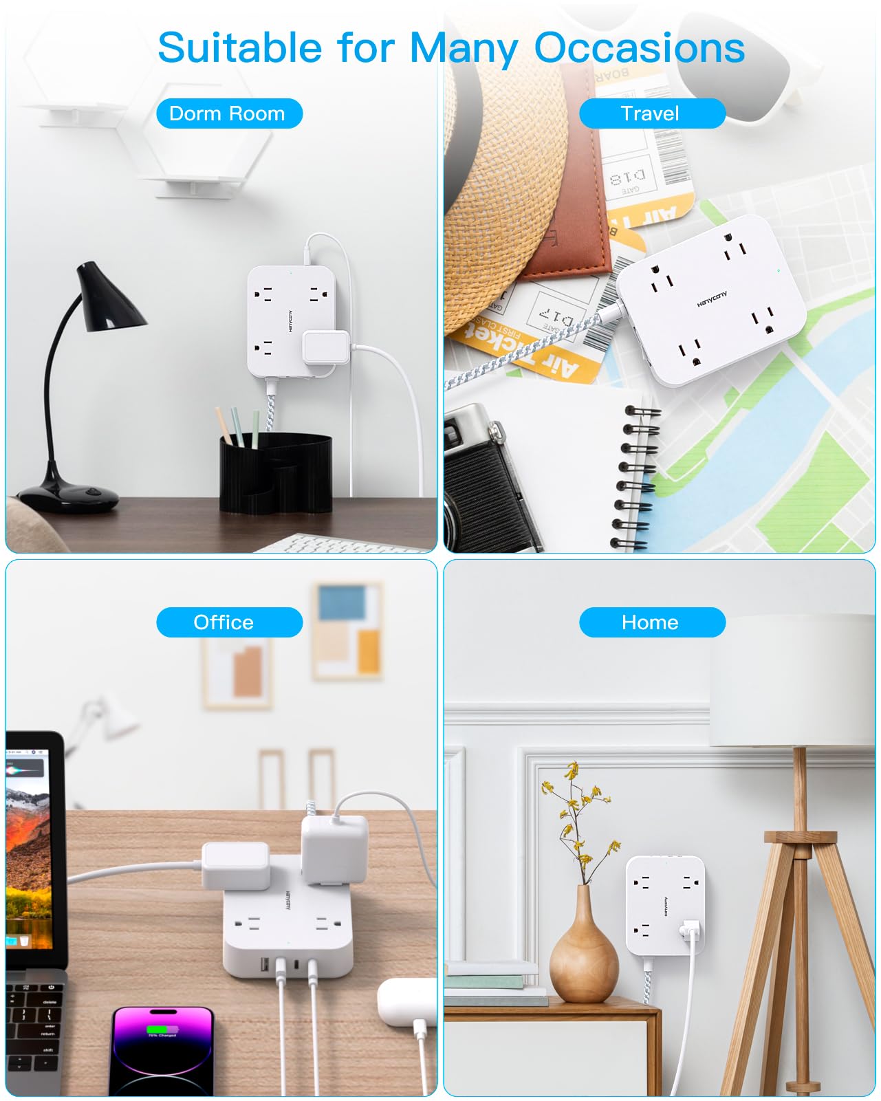 HANYCONY Flat Plug Extension Cord, 4 Widely Power Strip with 4 USB Ports - HANYCONY Official Product View 7