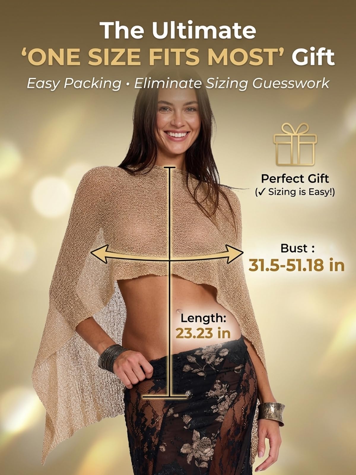 Women Sheer Poncho Top with Sparkling Gold Thread Mesh Cover - Kysryye Official Imagery - 8