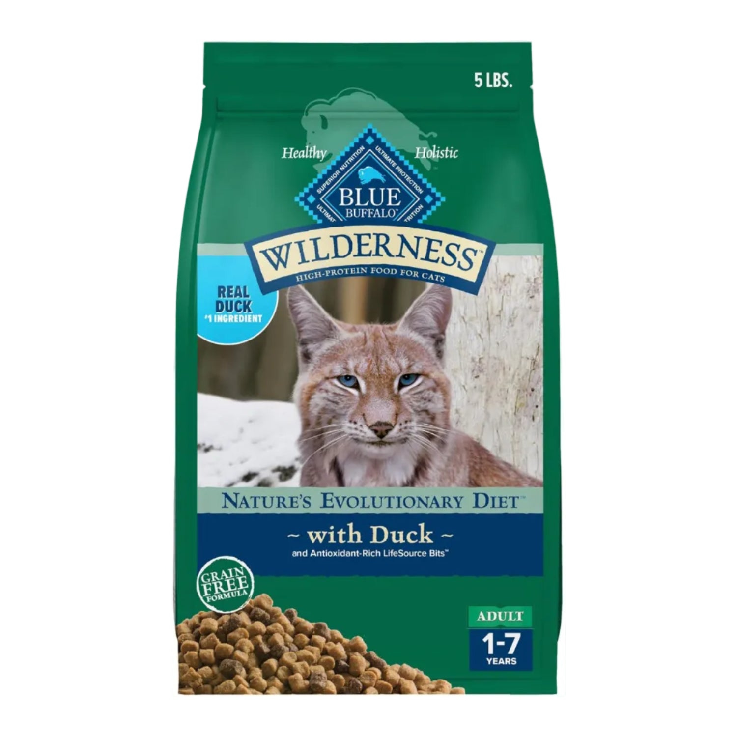 Blue Buffalo Wilderness high-protein grain-free dog food bag in 5-pound size, featuring natural ingredients and blue packaging design.