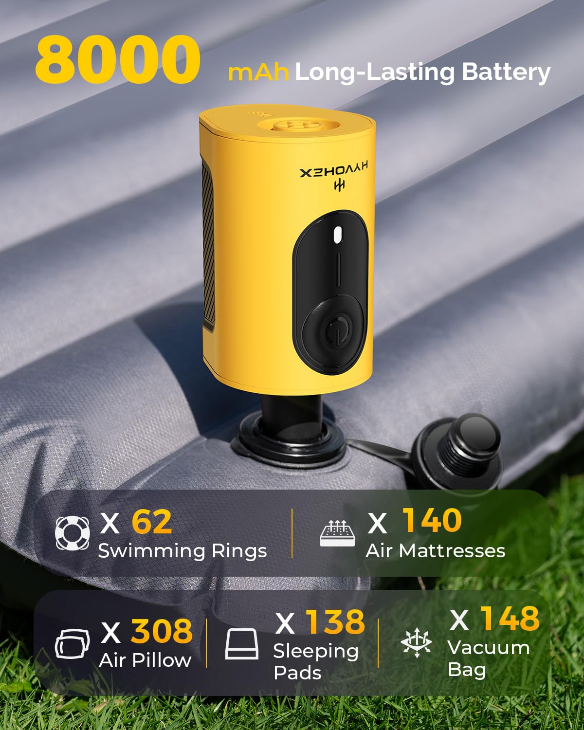 HYVOHEX Portable Air Pump for Inflatables,8000mAh Ultra Fast Air Mattr - View 4