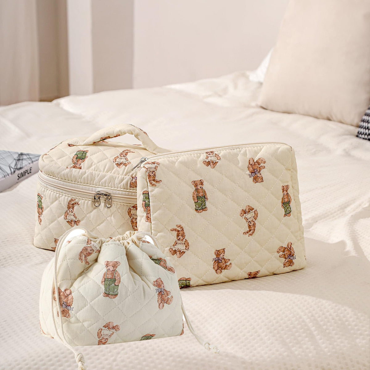 3pcs Large Cotton Quilted Makeup Bag Set Coquette Aesthetic - uekeboag Official Imagery - 5