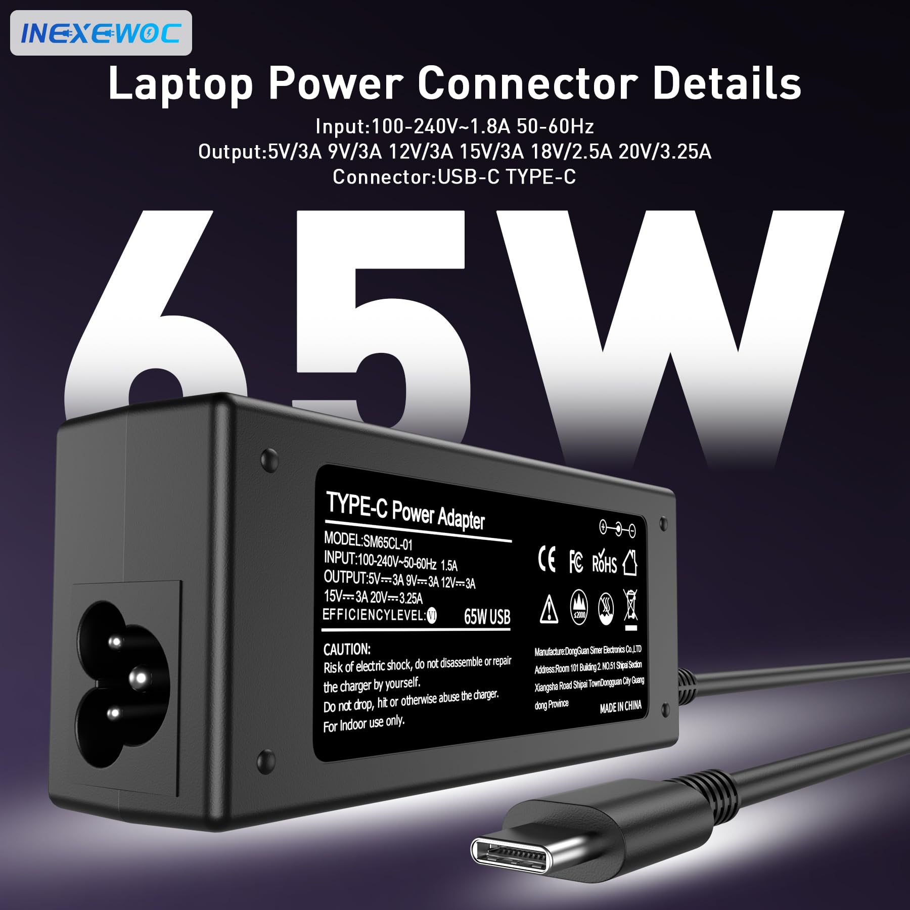 INEXEWOC 65W USB C Laptop Charger – Universal Compatibility
