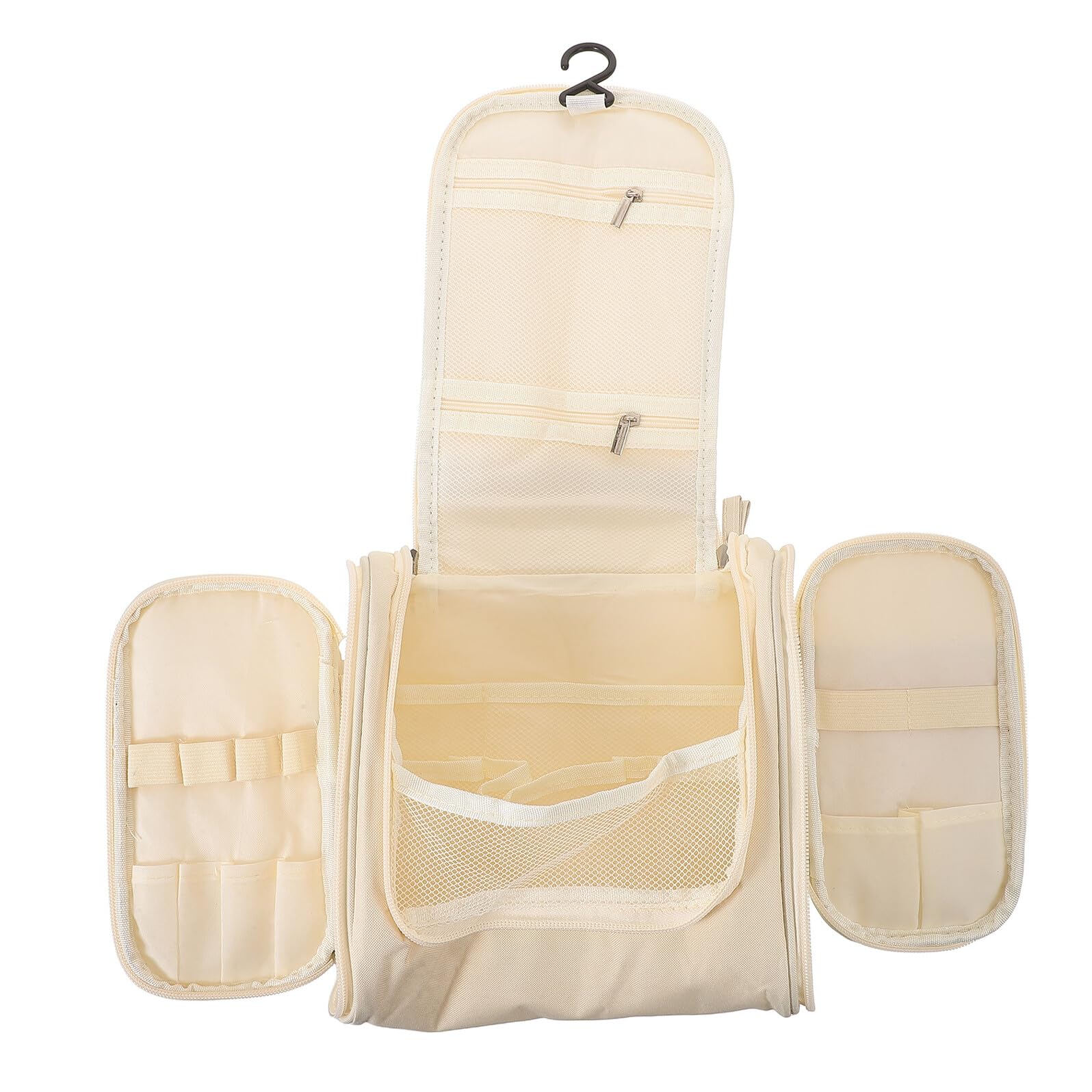 MUSISALY Large Waterproof Toiletry Bag with Handle, Portable Travel Makeup Organizer for Cosmetics and Skin Care, Beige Large Capacity Hanging Storage Case for Toiletries and Accessories