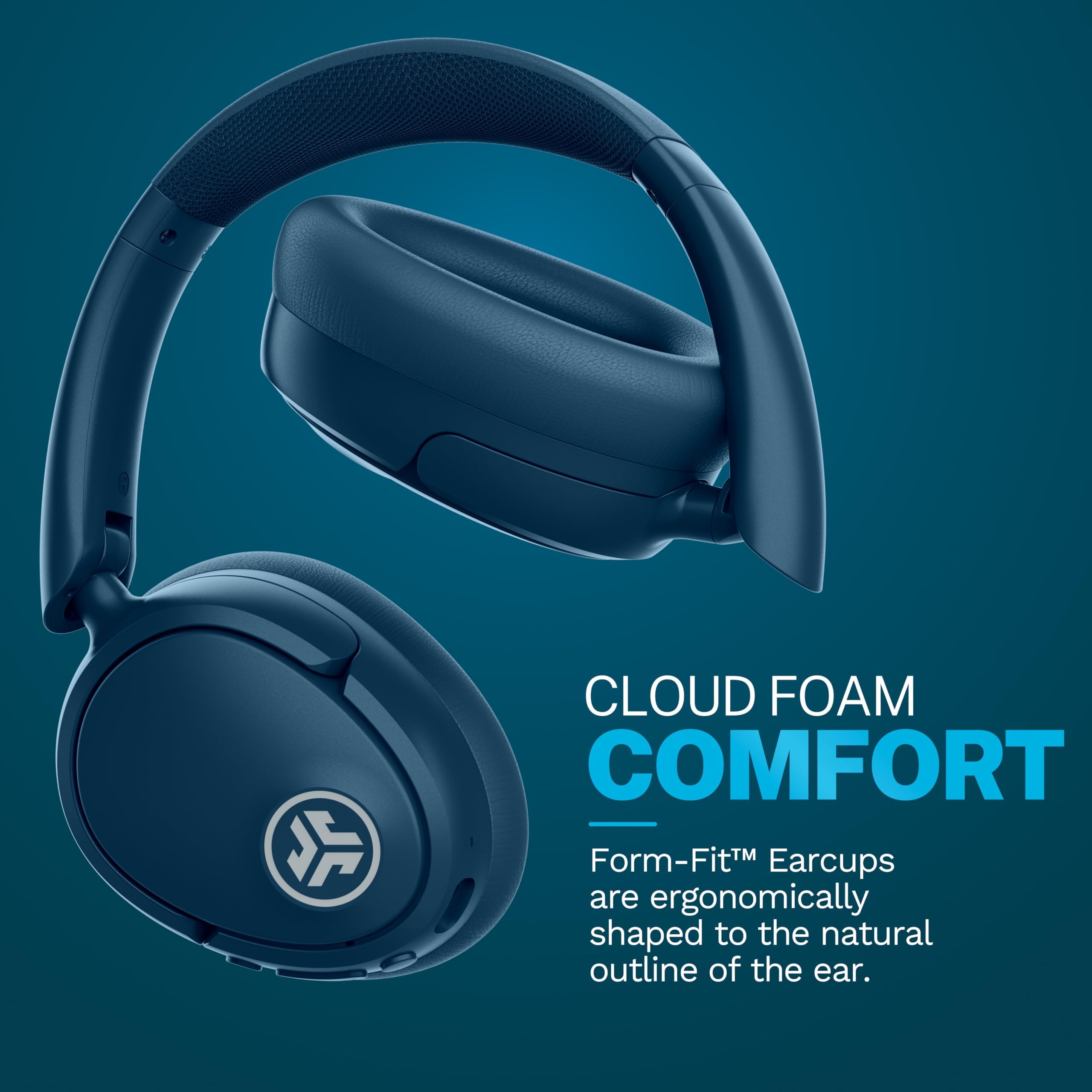 JLab JBuds Lux ANC over-ear headphones in navy with active noise cancelling and Bluetooth connectivity.