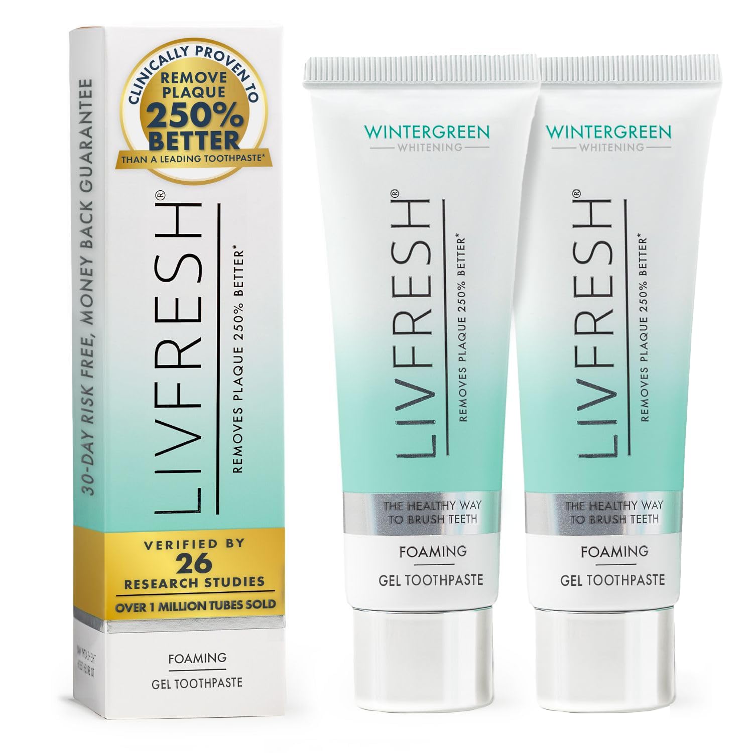 LIVFRESH Toothpaste Gel tube with mint flavor, showing packaging and branding for plaque removal and gum health.