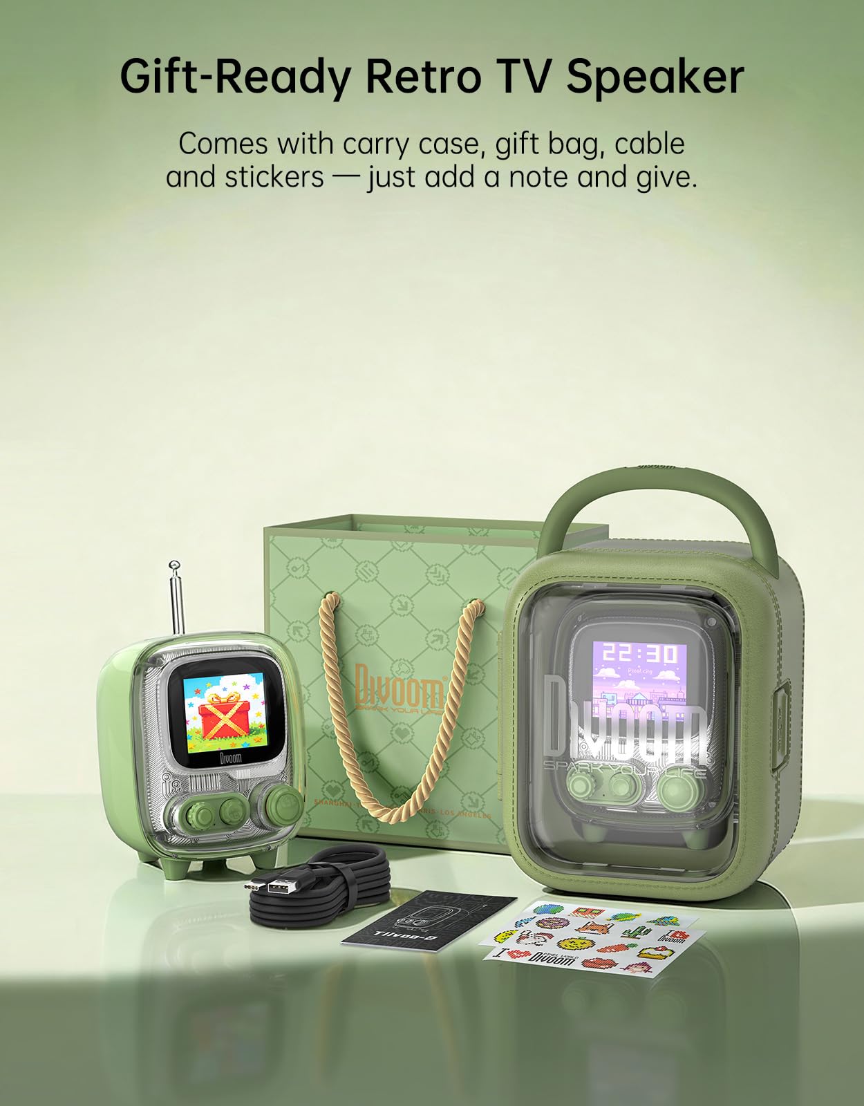 Divoom Tiivoo-2 Retro Bluetooth Speaker, FM Radio, Pixel Art Display, Green - Divoom Official Product View 7