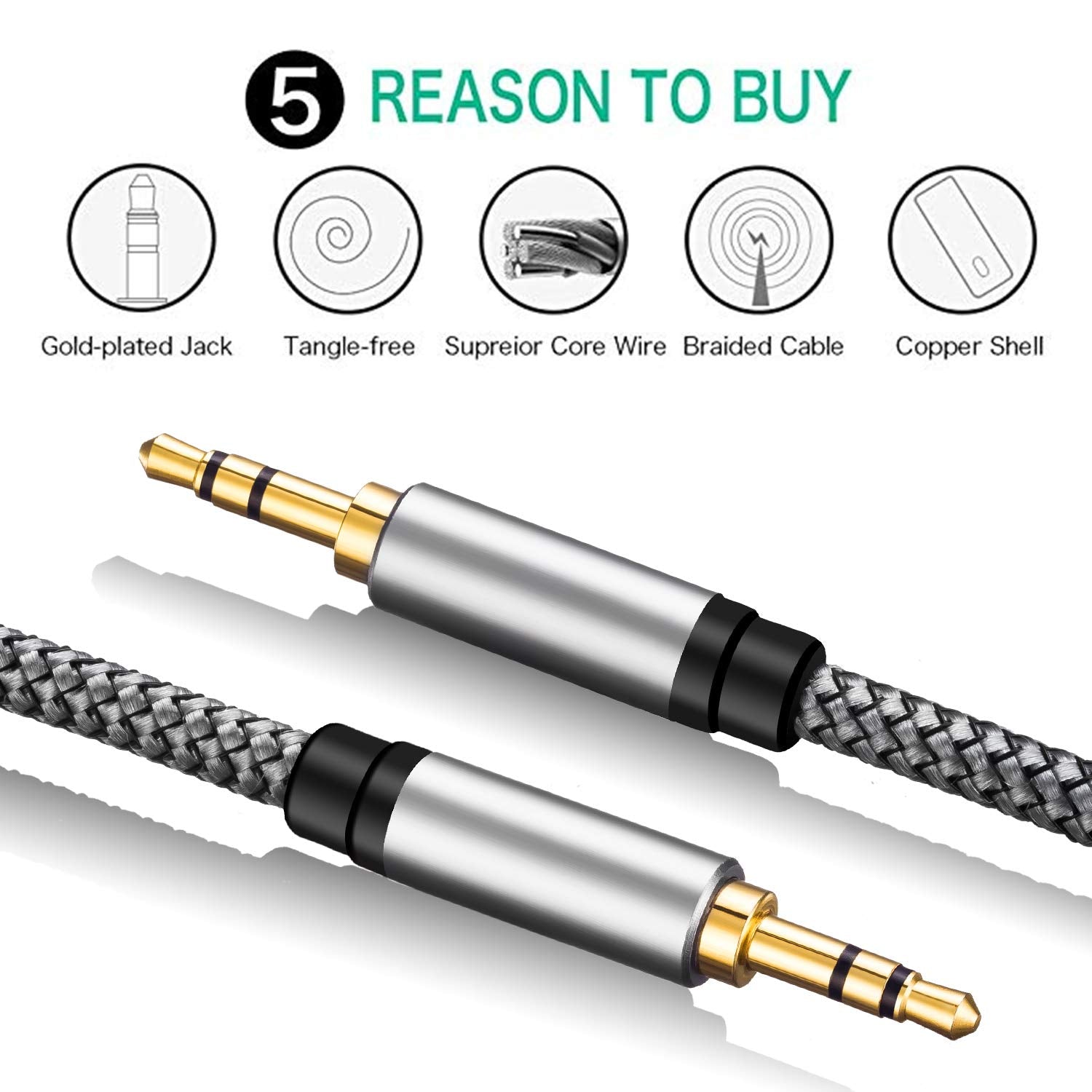Tan QY 3.5mm Nylon Braided Aux Cable 30Ft, Audio Auxiliary Input by Tan QY - Angle View 3