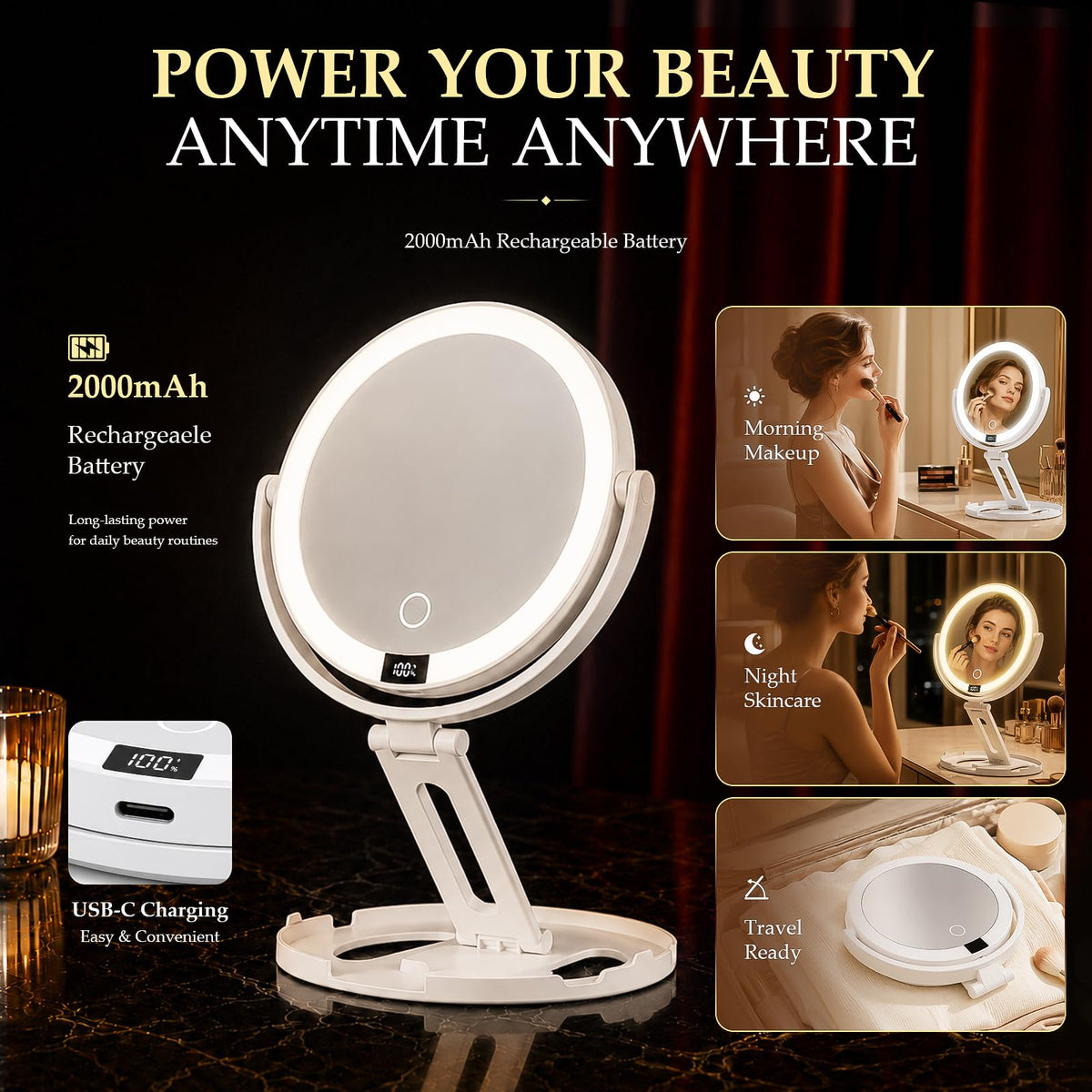 Travel Makeup Mirror with Lights 1X 30X Double Sided - Velmelle Official Imagery - 8