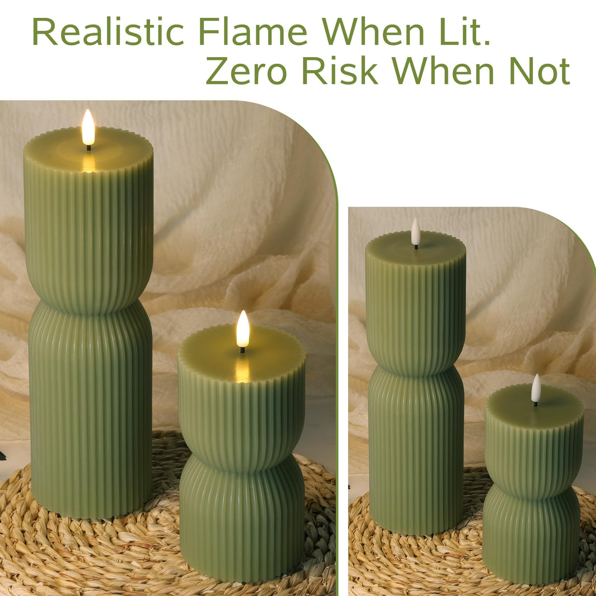 Olive Green Ribbed Flameless Pillar Candles with Remote Set - Girimax Official Imagery - 6