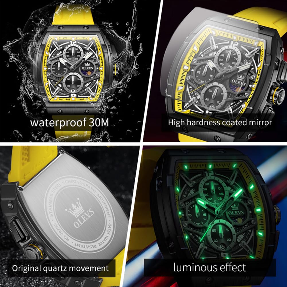 OLEVS Men Square Chronograph Watch Gold Silicone Strap