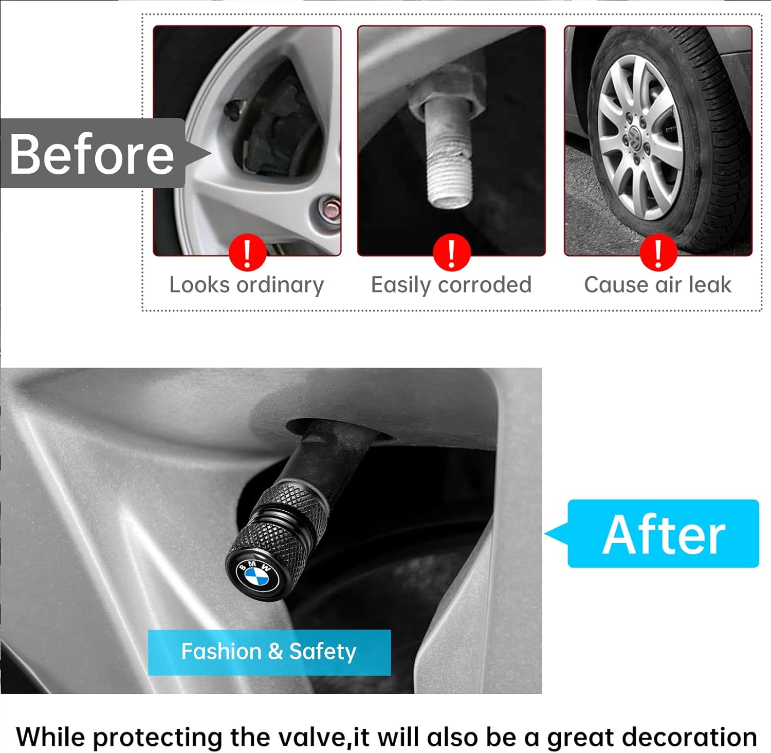 Set of four black BMW tire valve stem caps with O-ring seals, corrosion-resistant car accessories by Xpress Sports.
