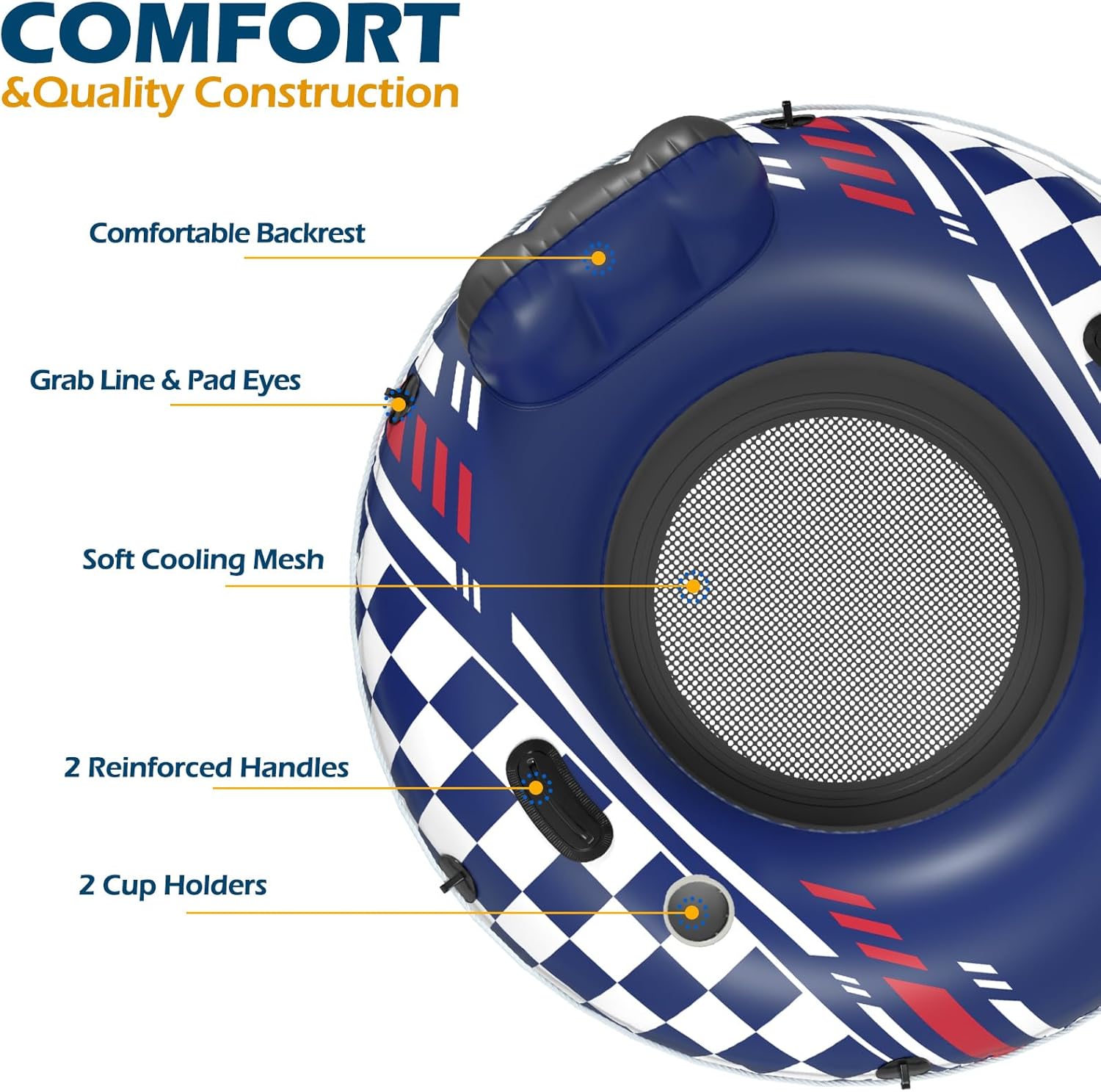 Inflatable Jasonwell river tube float in blue with handles, designed for river and pool recreation, heavy-duty durable pool float.