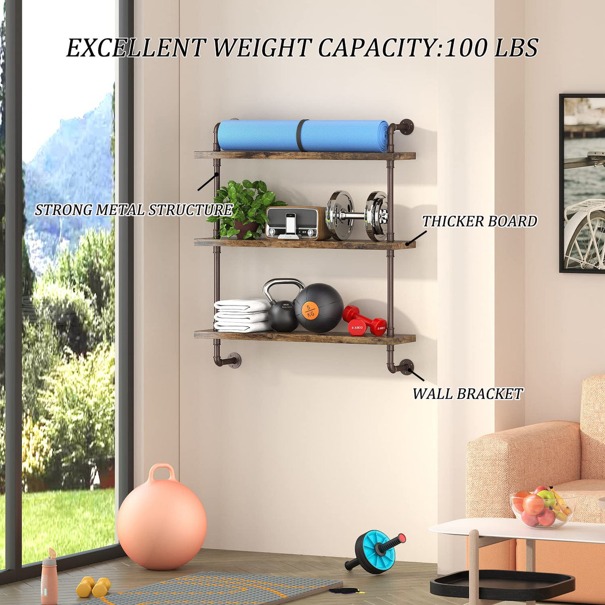 Helsin 3 Tier Industrial Pipe Shelf Rustic Wood Floating - Helsin Official Imagery - 5