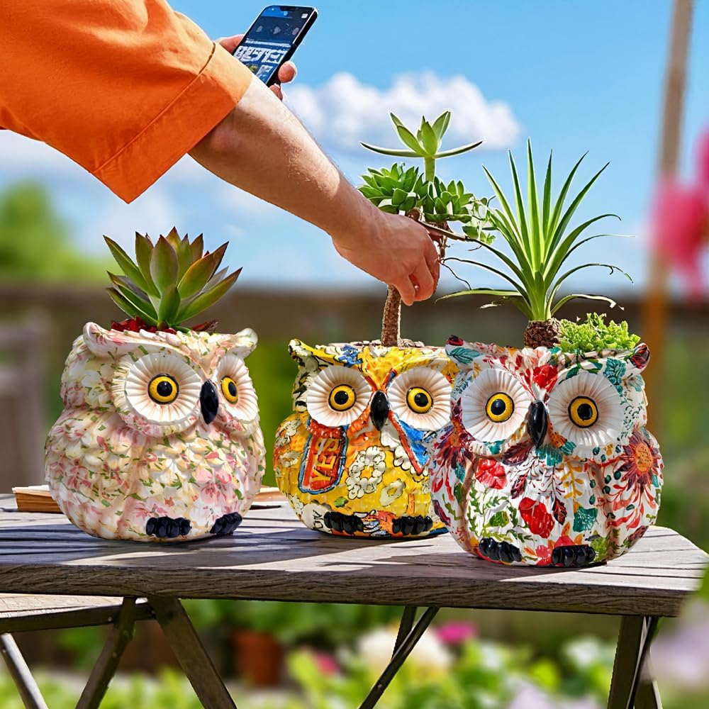 LovTocTic midcentury modern owl planter with succulent, decorative bird figurine for small indoor plants and succulents.