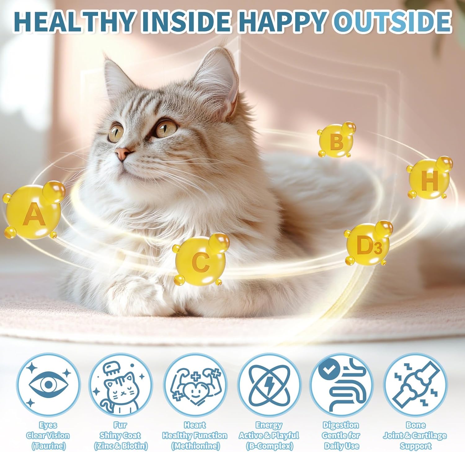 Cudory taurine cat multivitamin treats in a container, crunchy snacks for feline health, 90-day supply of cat vitamins.