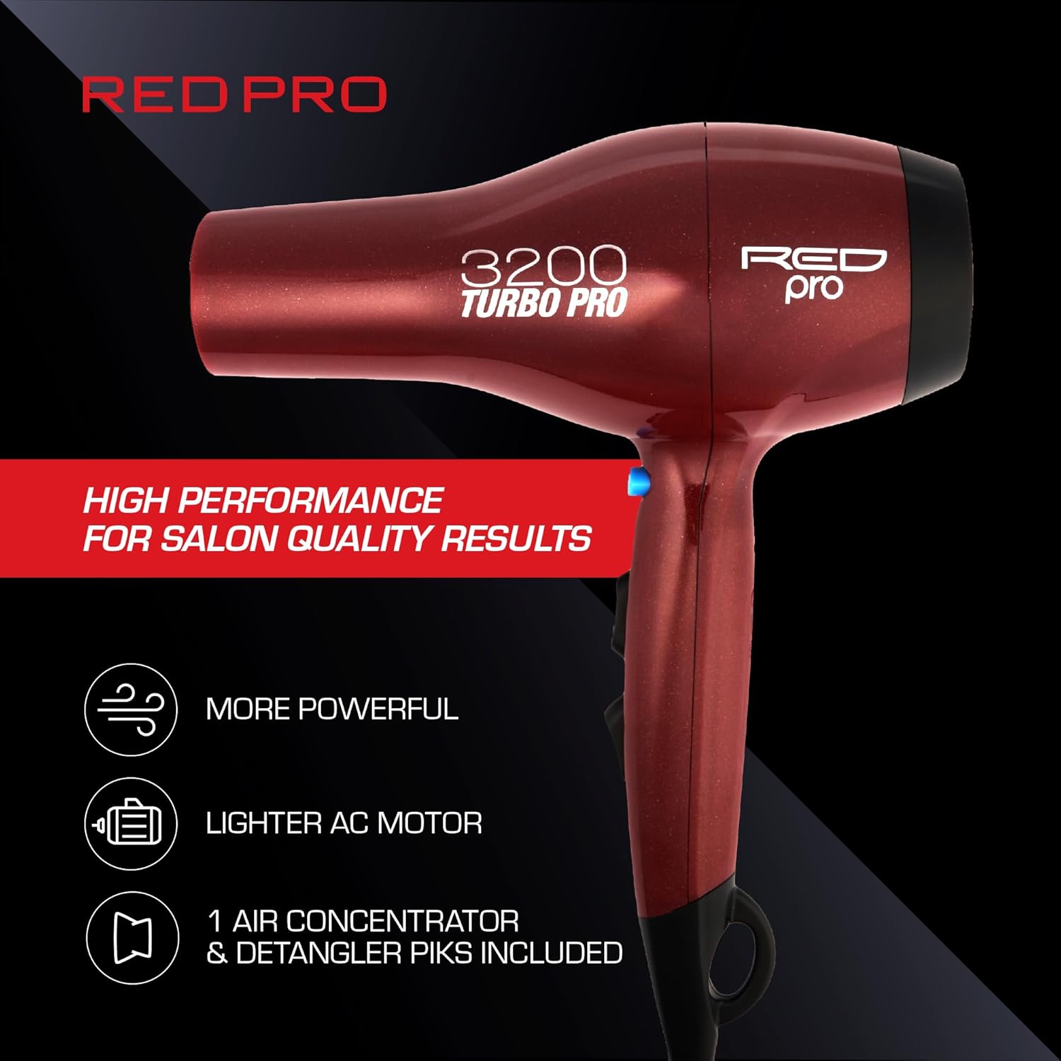 RED PRO 3200 Turbo Pro Detangler AC Hair Dryer showing a sleek black and silver design with multiple heat and speed settings