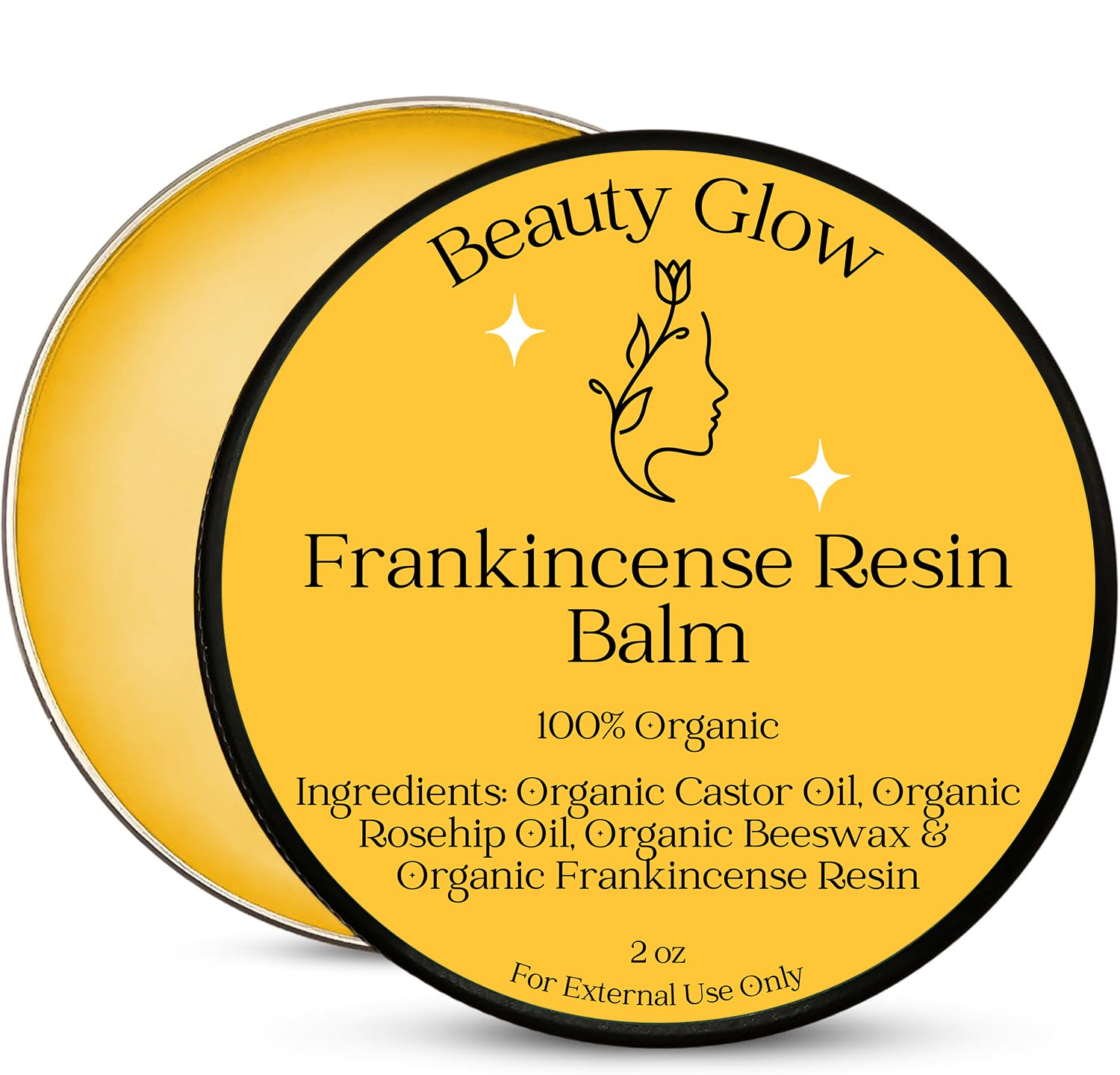 Beauty Glow Frankincense Resin Balm for muscles, joints, and skin moisture, shown in a jar with natural resin and balm texture.