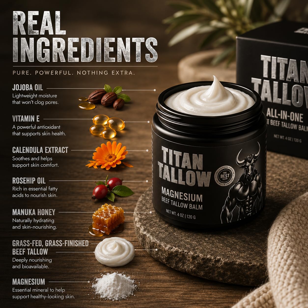 Balm for Face and Body with Magnesium - Grass-Fed, Grass-Finished Beef Tallow Moisturizer with Manuka Honey, Jojoba Oil, Rosehip Oil, Calendula Extract, and Vitamin E - Titan Tallow Official Product View 6