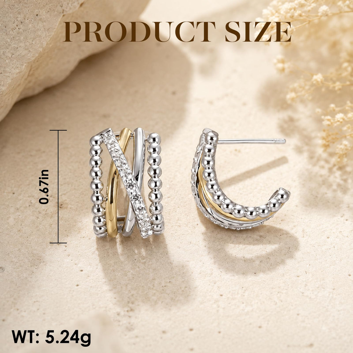 Two Tone Jewelry Twisted CZ Hoop Stud Earrings Rhodium - MWAHXIAO Official Imagery - 7