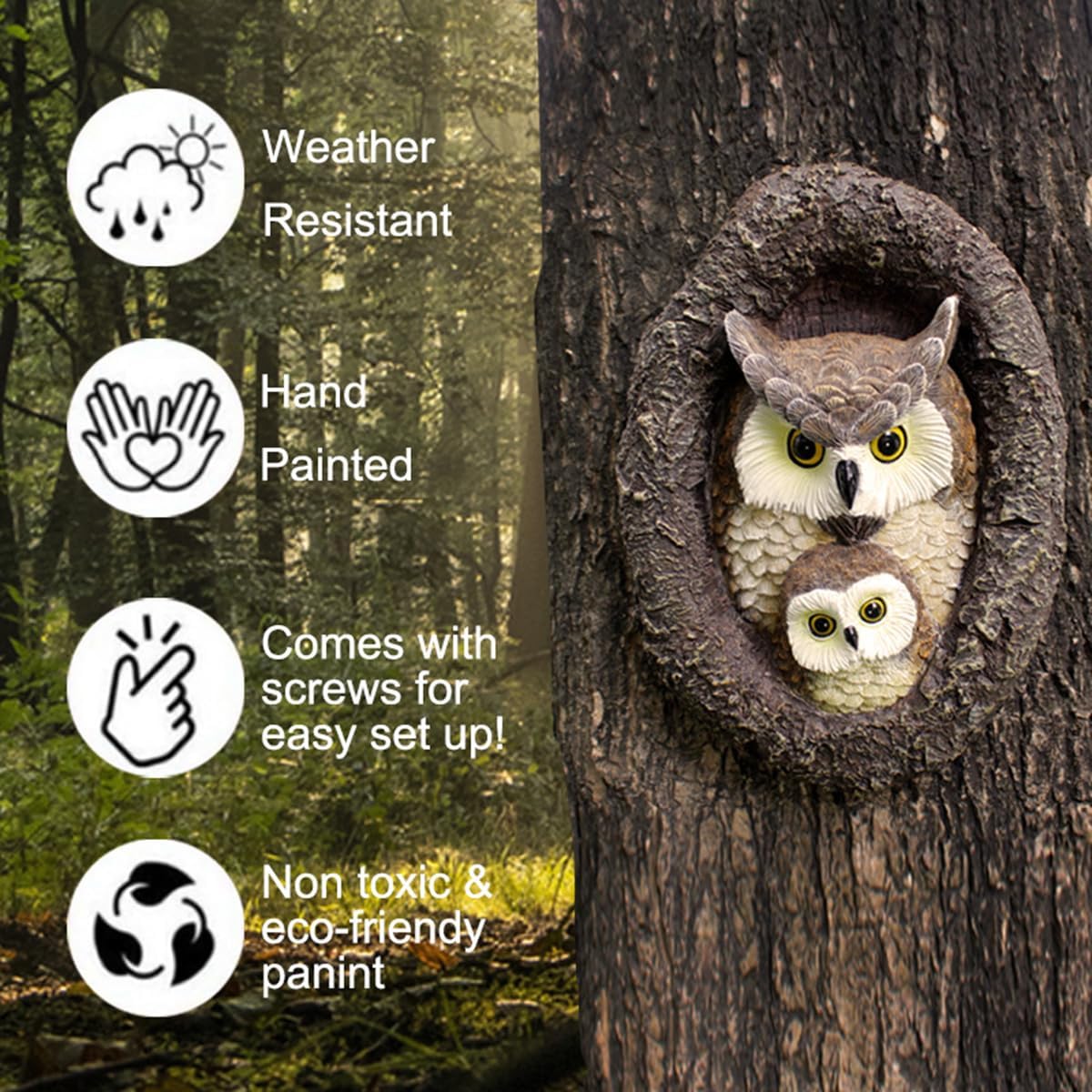 JARPSIRY owl tree hugger garden sculpture featuring mom and baby owls on a whimsical tree face decor for outdoor gardens