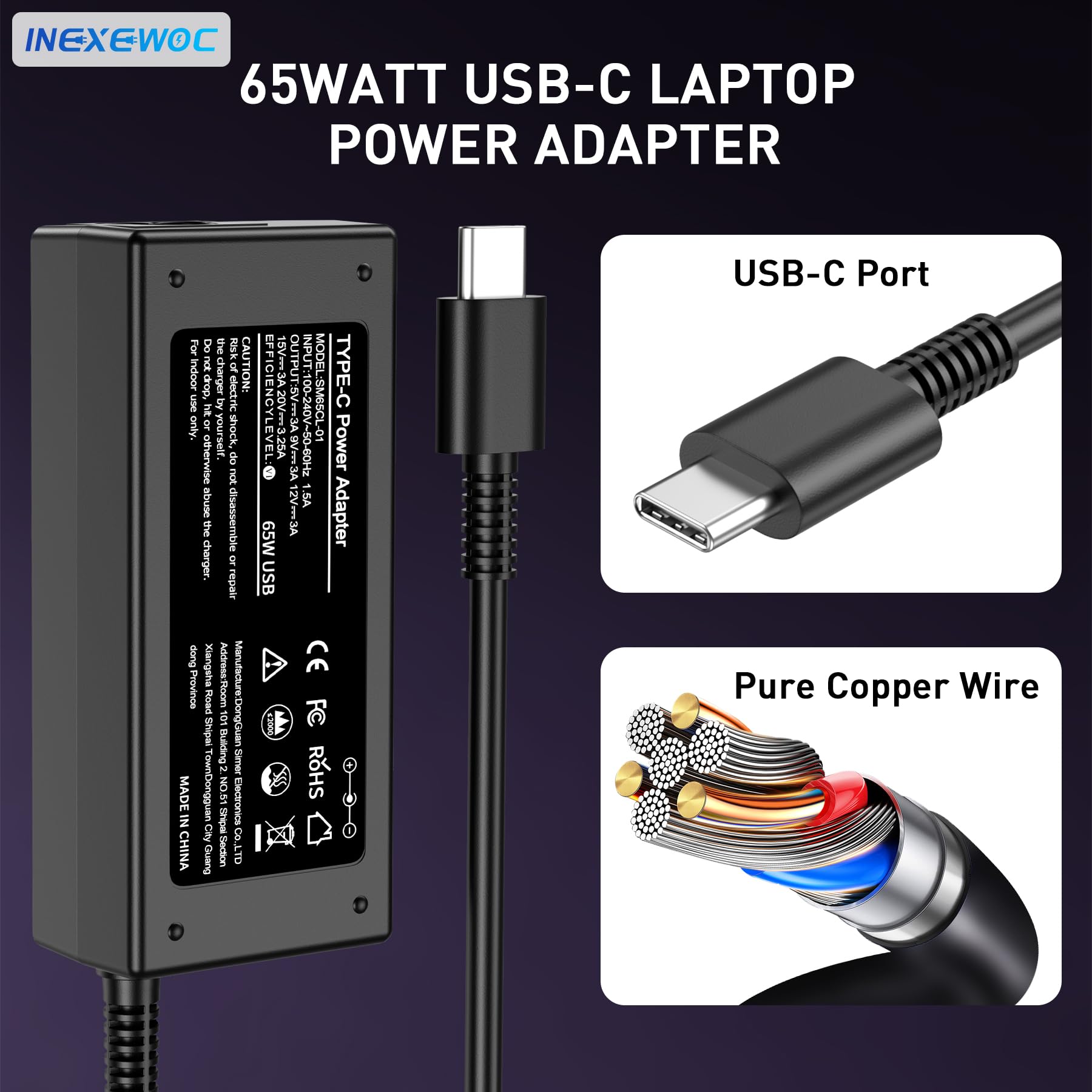 INEXEWOC 65W USB C Laptop Charger – Universal Compatibility