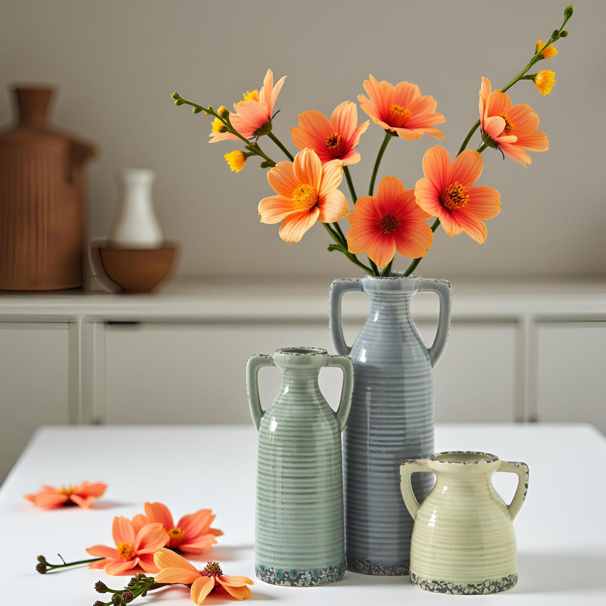 Ceramic Vase Set of 3 Rustic Crackle Farmhouse Vases for - Lyeec Official Imagery - 3