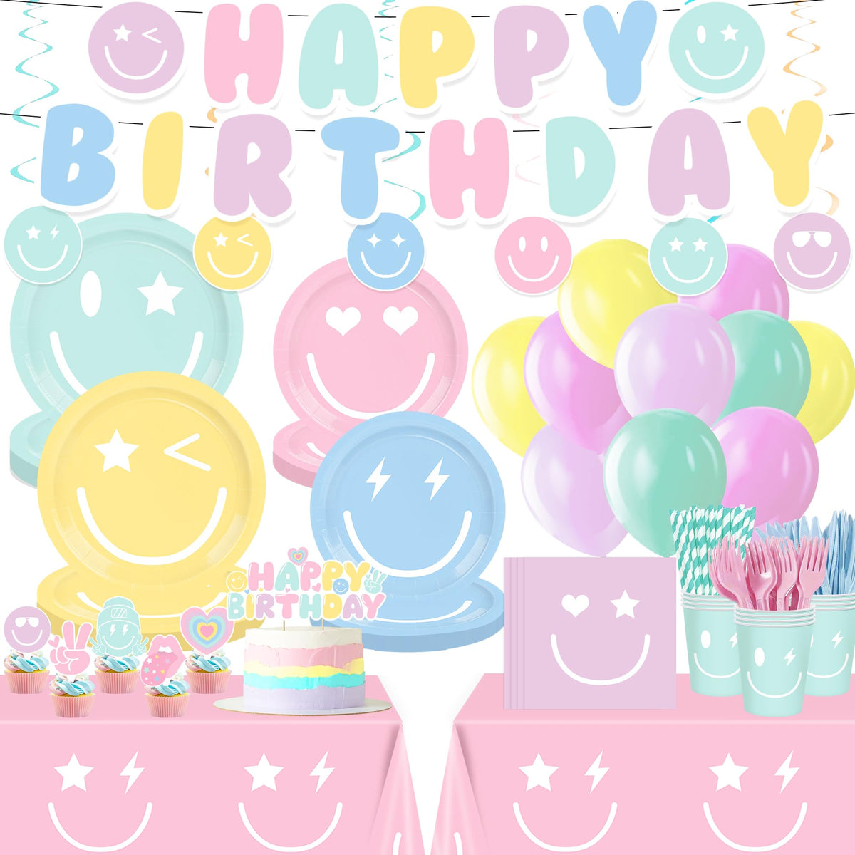199PCS Smiley Face Birthday Decorations Smile Pastel Themed - HUIYANFSY Official Imagery - 1