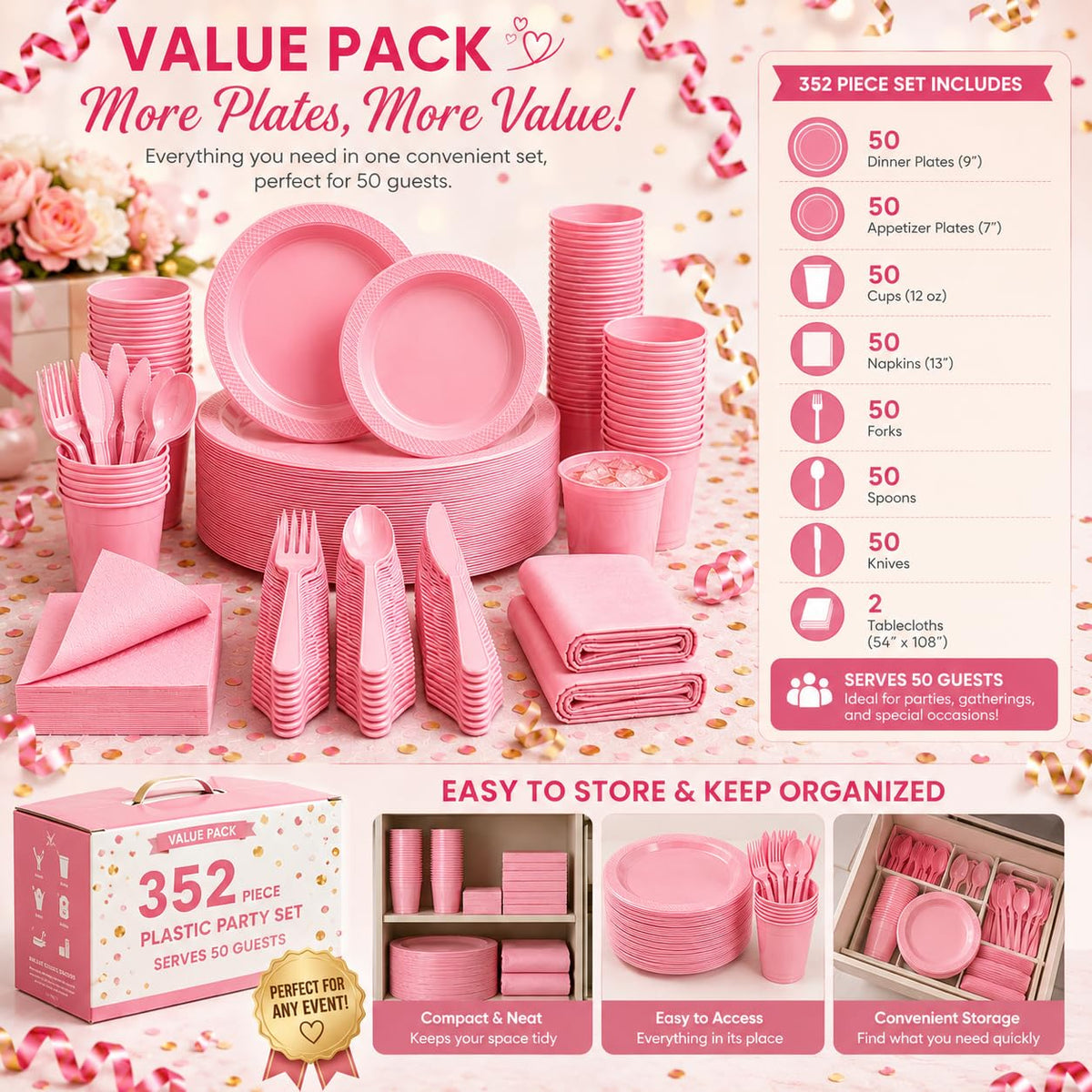 Tinybee 352 Pcs Pink Plastic Plates Disposable Dinnerware - Tinybee Official Imagery - 8