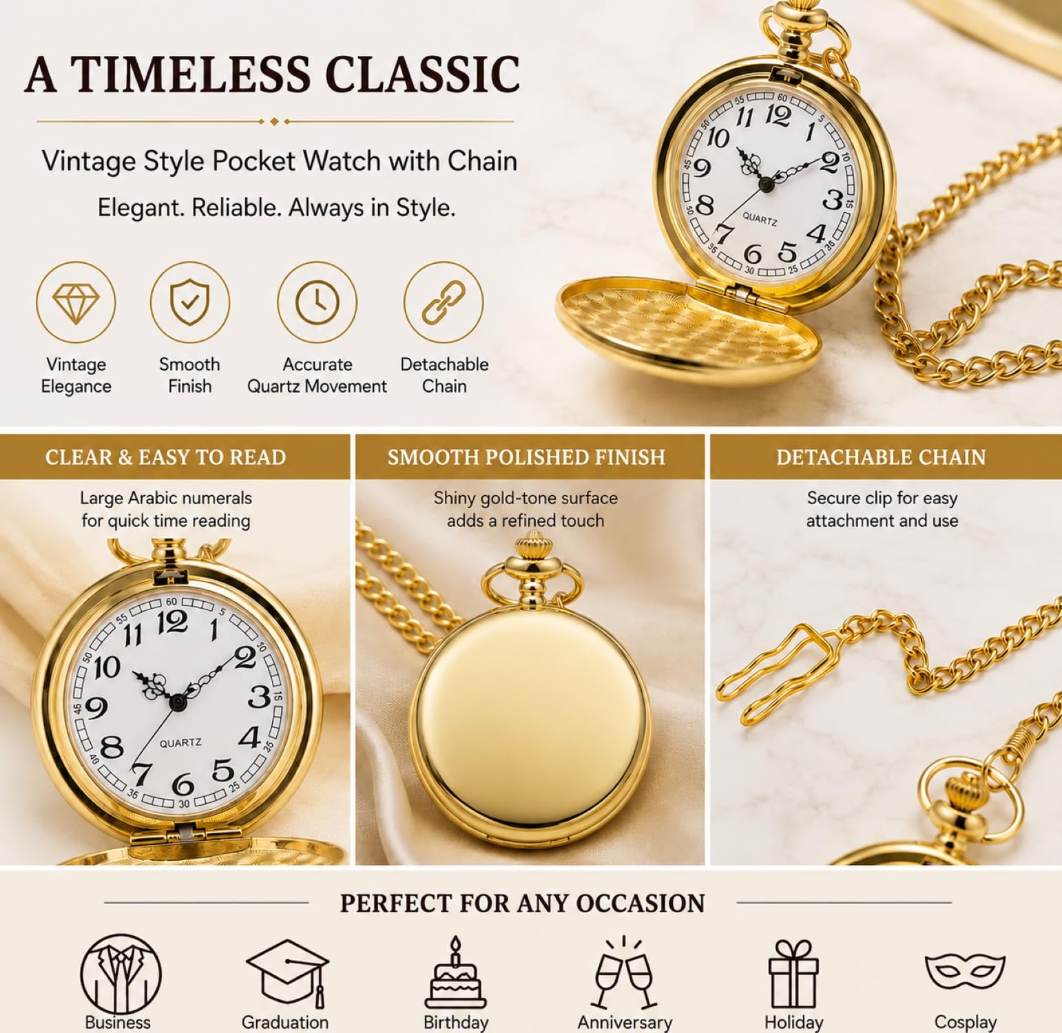 I-MART Smooth Vintage Pocket Watch with Chain - View 6